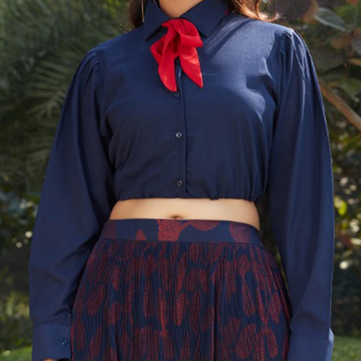 Jazzy Navy Blue Colored Casual Wear Printed Western Crop Top - Skirt Set - Peachmode
