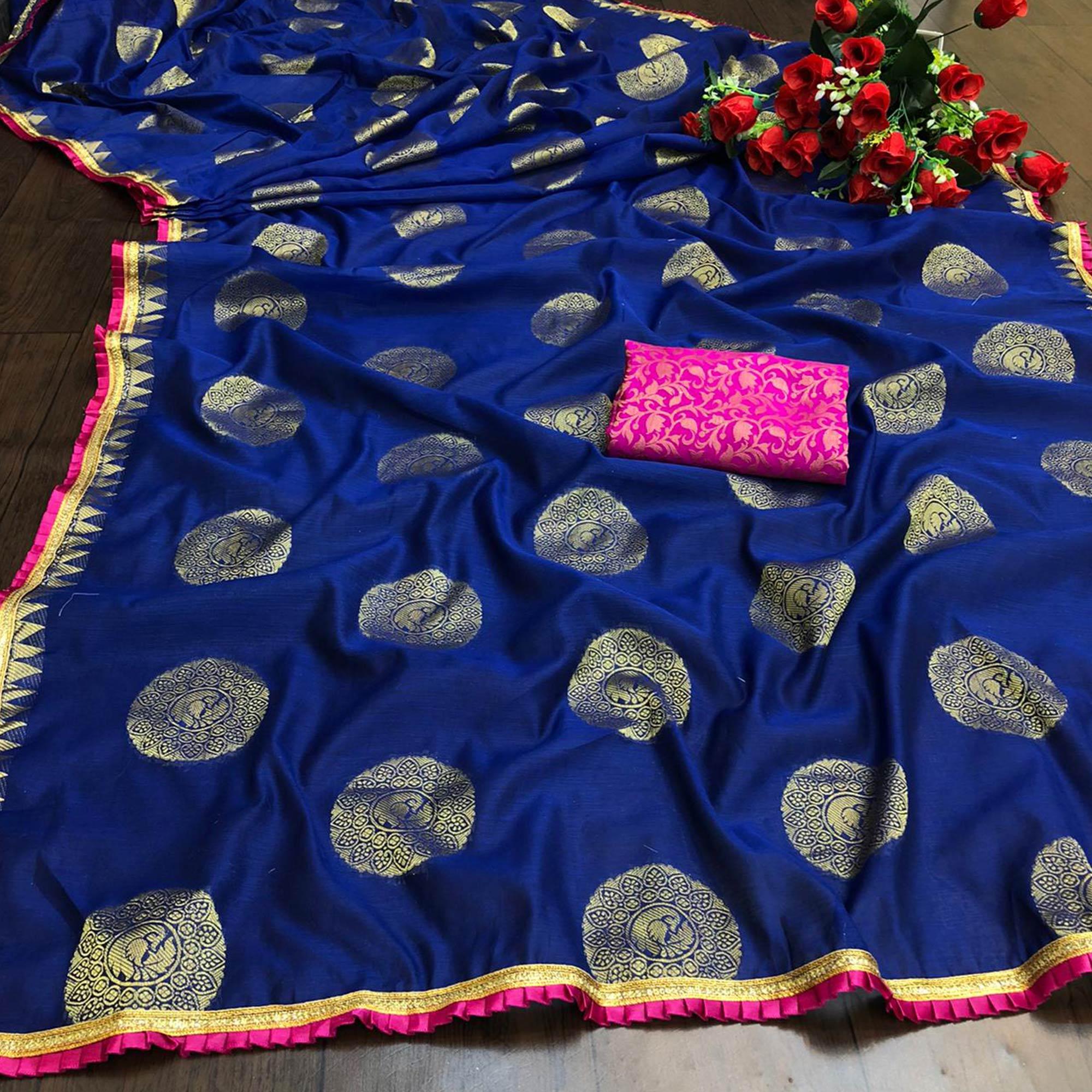 Jazzy Navy Blue Colored Festive Wear Woven Cotton Saree - Peachmode