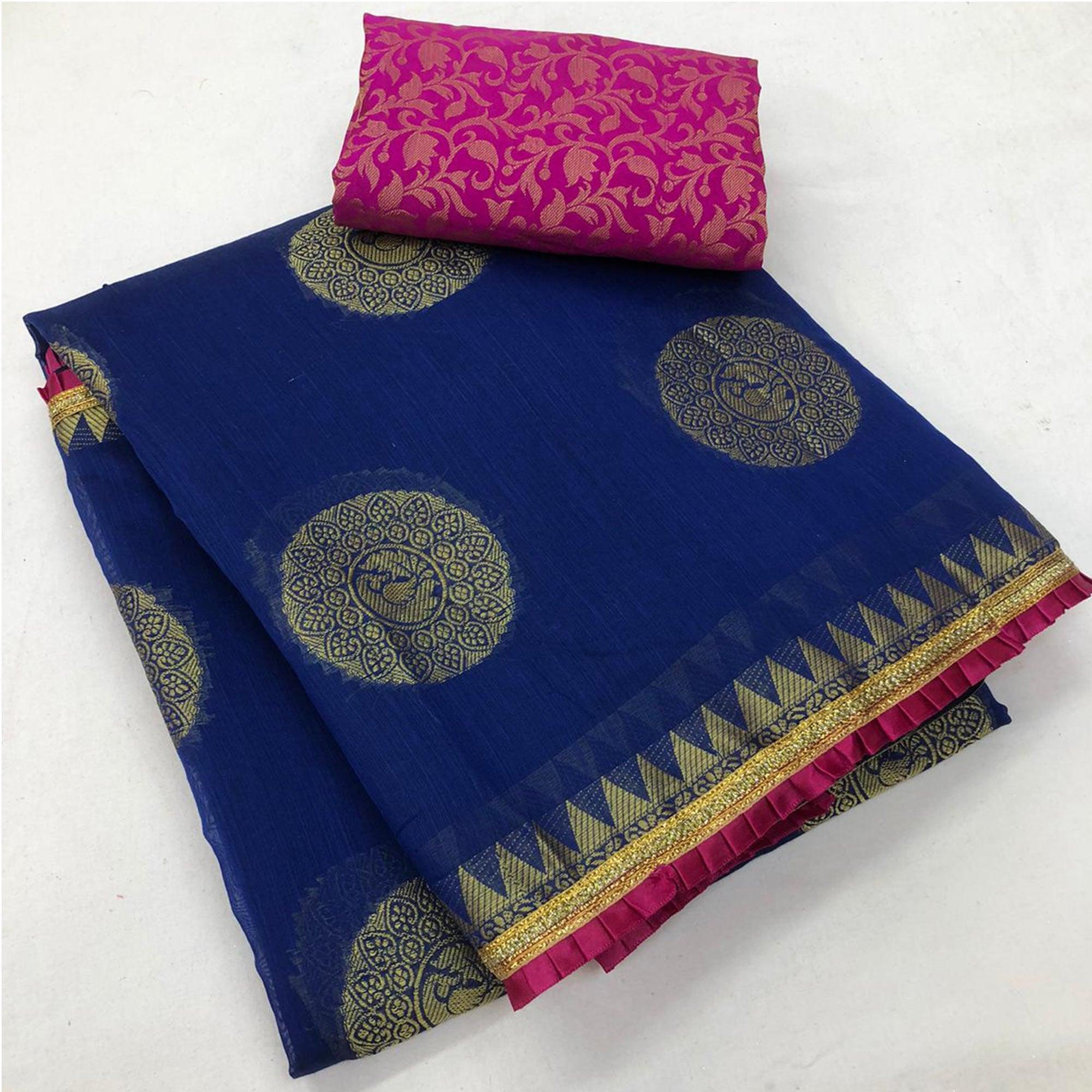 Jazzy Navy Blue Colored Festive Wear Woven Cotton Saree - Peachmode