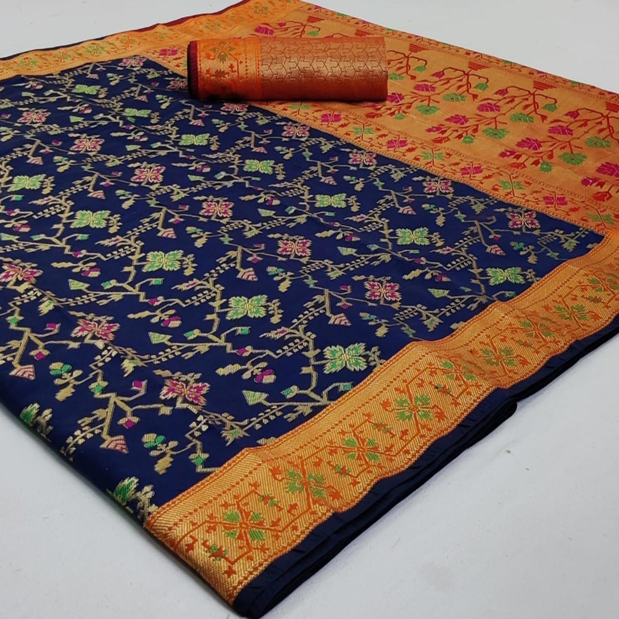 Jazzy Navy Blue Colored Festive Wear Woven Silk Saree - Peachmode