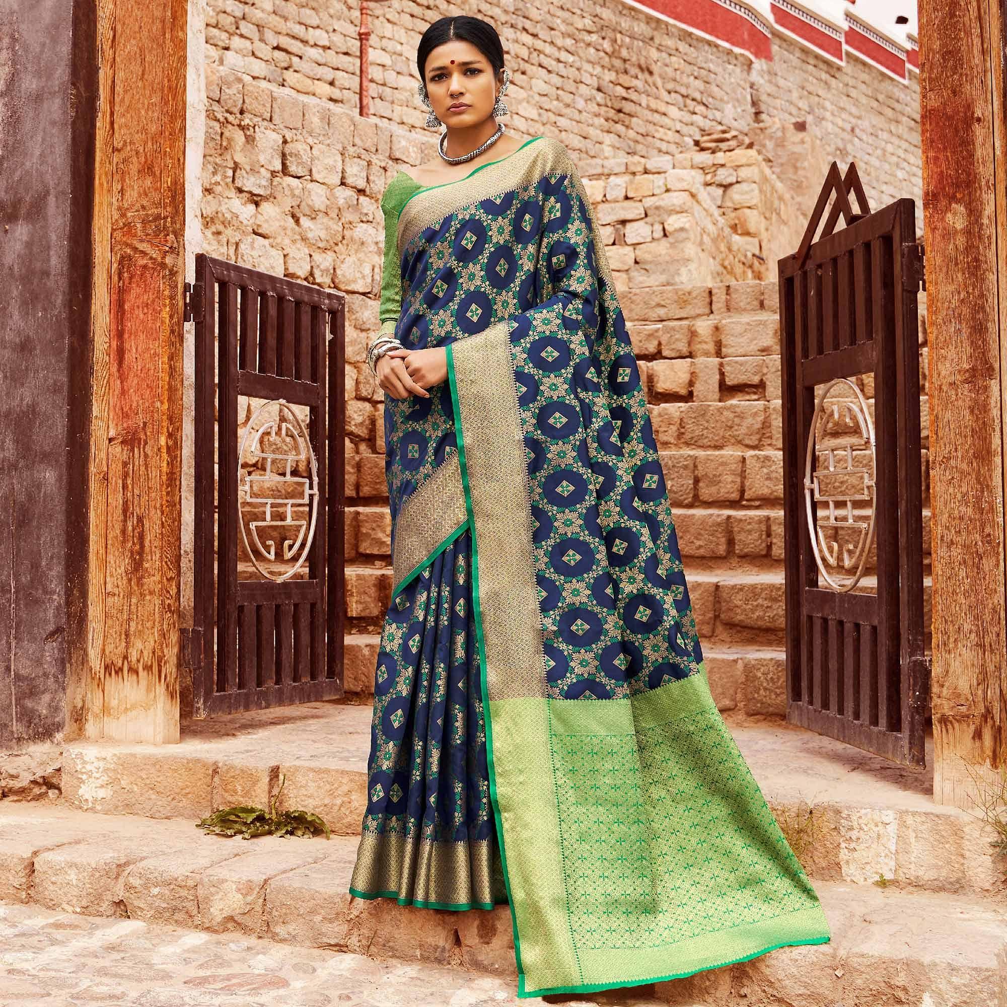 Jazzy Navy Blue Colored Festive Wear Woven Silk Saree - Peachmode