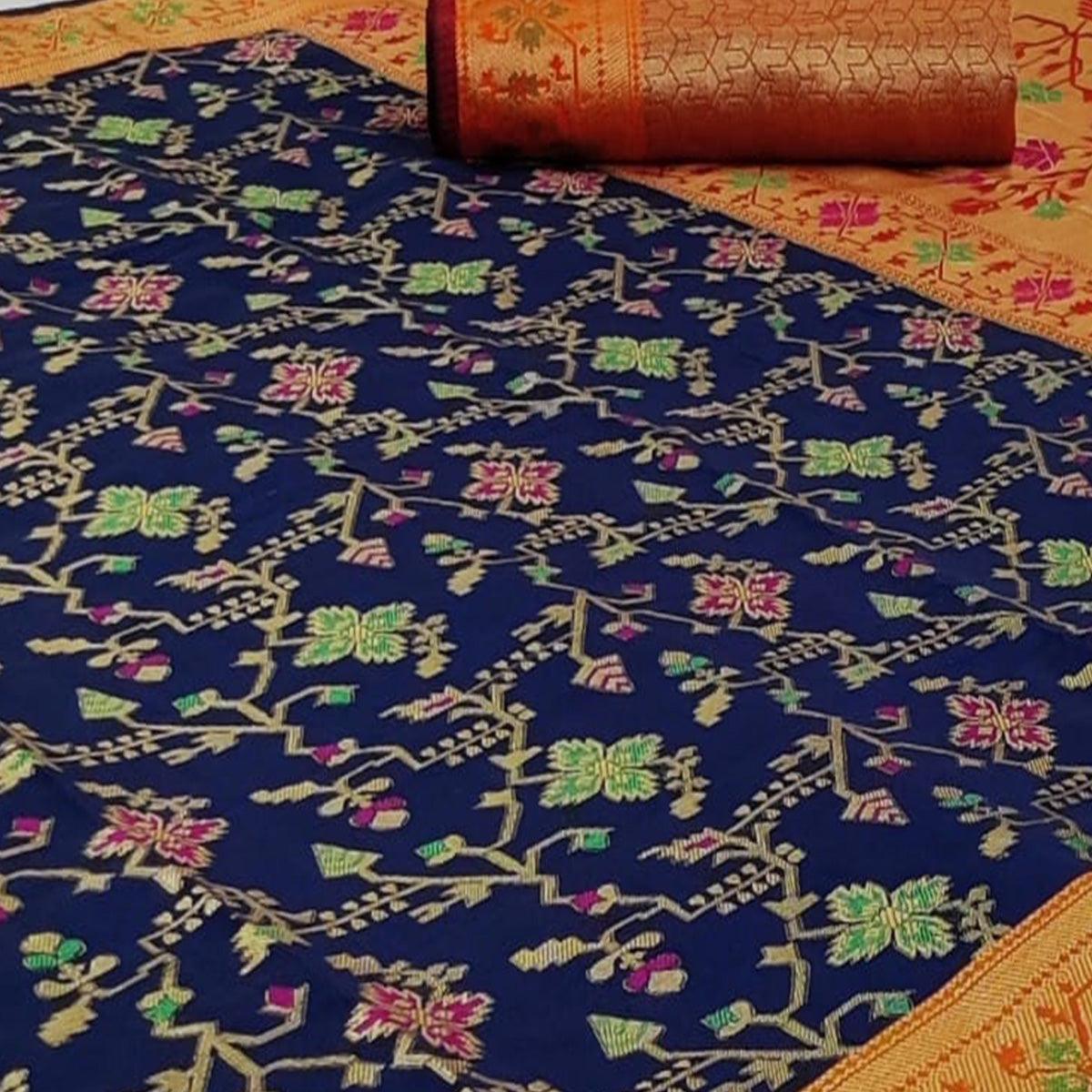 Jazzy Navy Blue Colored Festive Wear Woven Silk Saree - Peachmode
