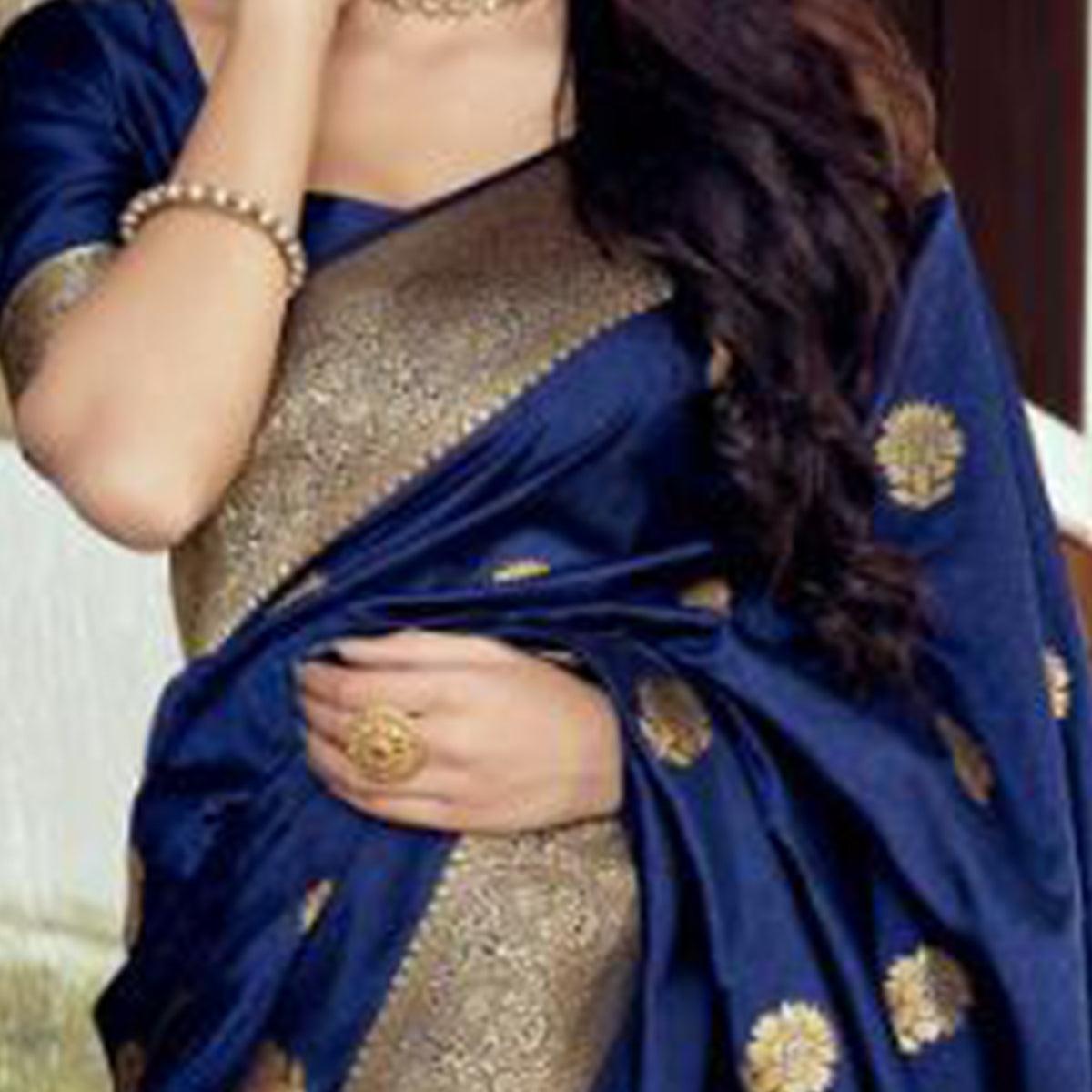 Jazzy Navy Blue Coloured Partywear Woven Silk Saree - Peachmode