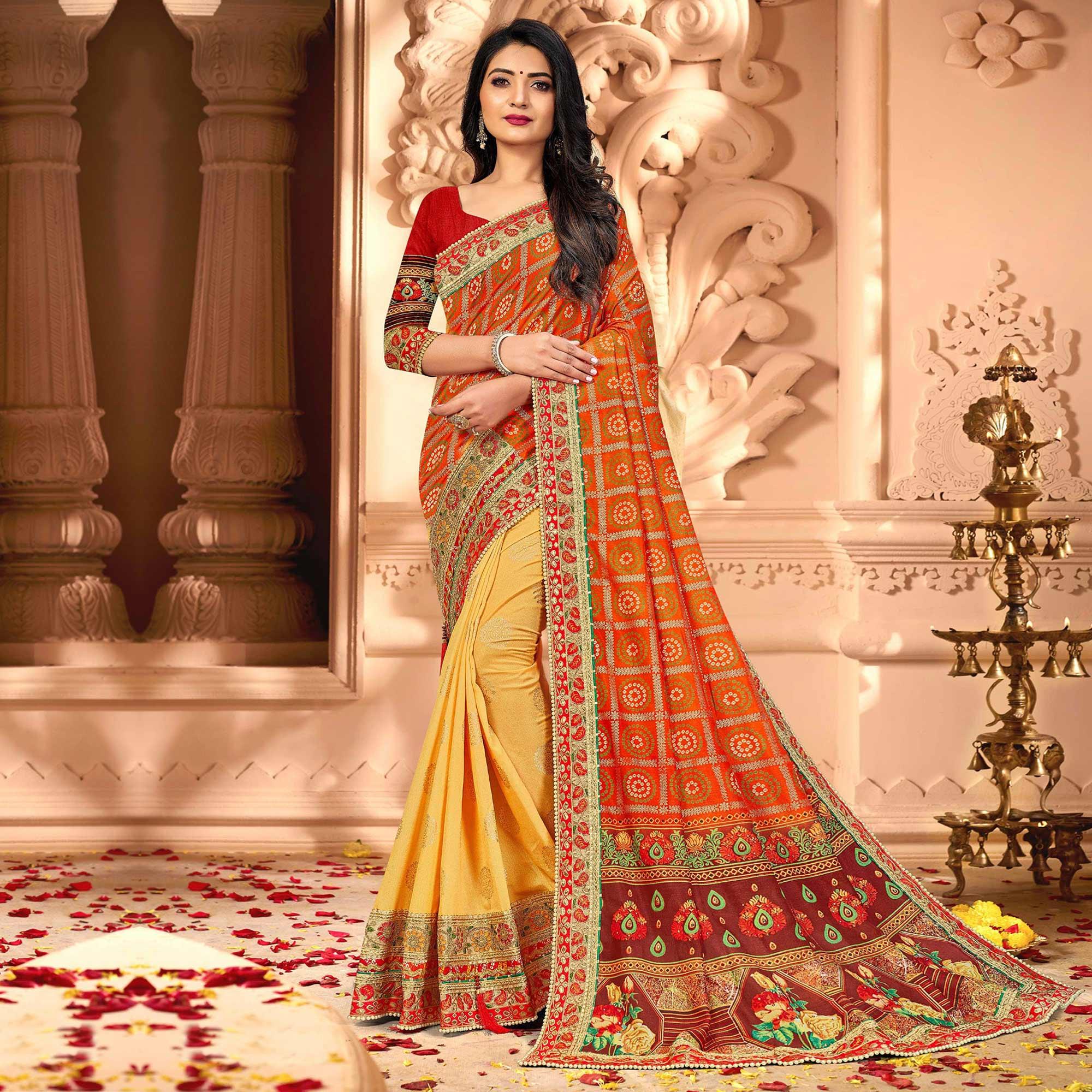 Jazzy Orange & Yellow Coloured Partywear Diamond Work Half & Half Art Silk Saree - Peachmode