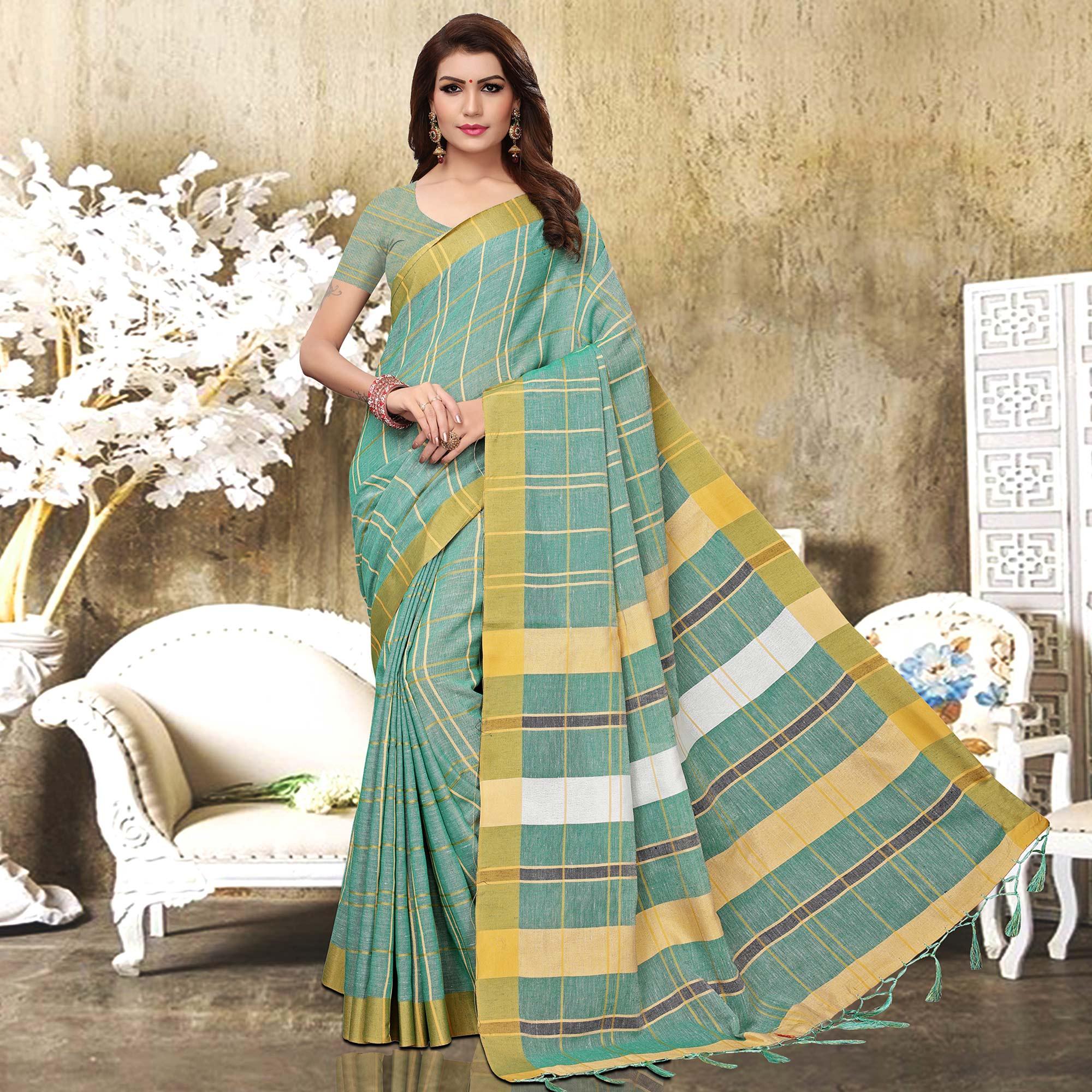 Jazzy Pastel Aqua Blue Colored Festive Wear Checks Print Pure Linen Saree - Peachmode