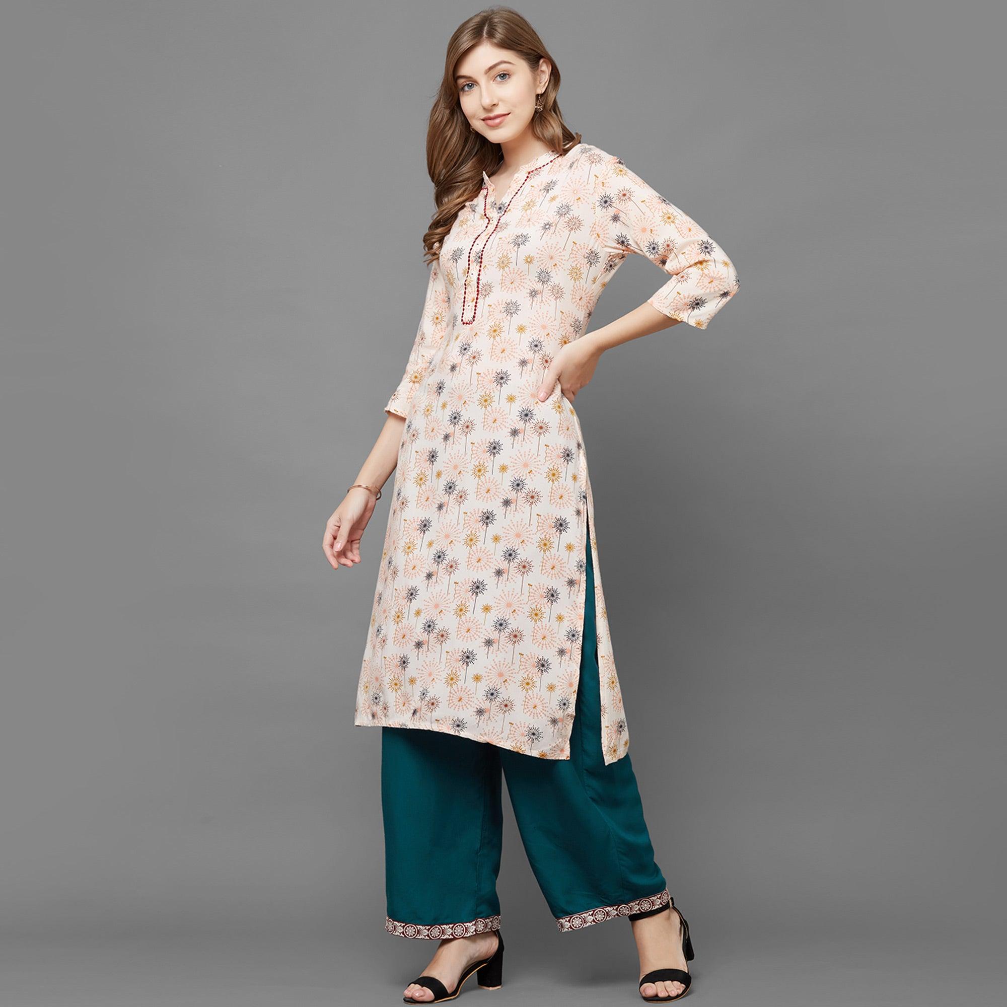 Jazzy Peach Colored Casual Printed Cotton Kurti-Palazzo Set - Peachmode