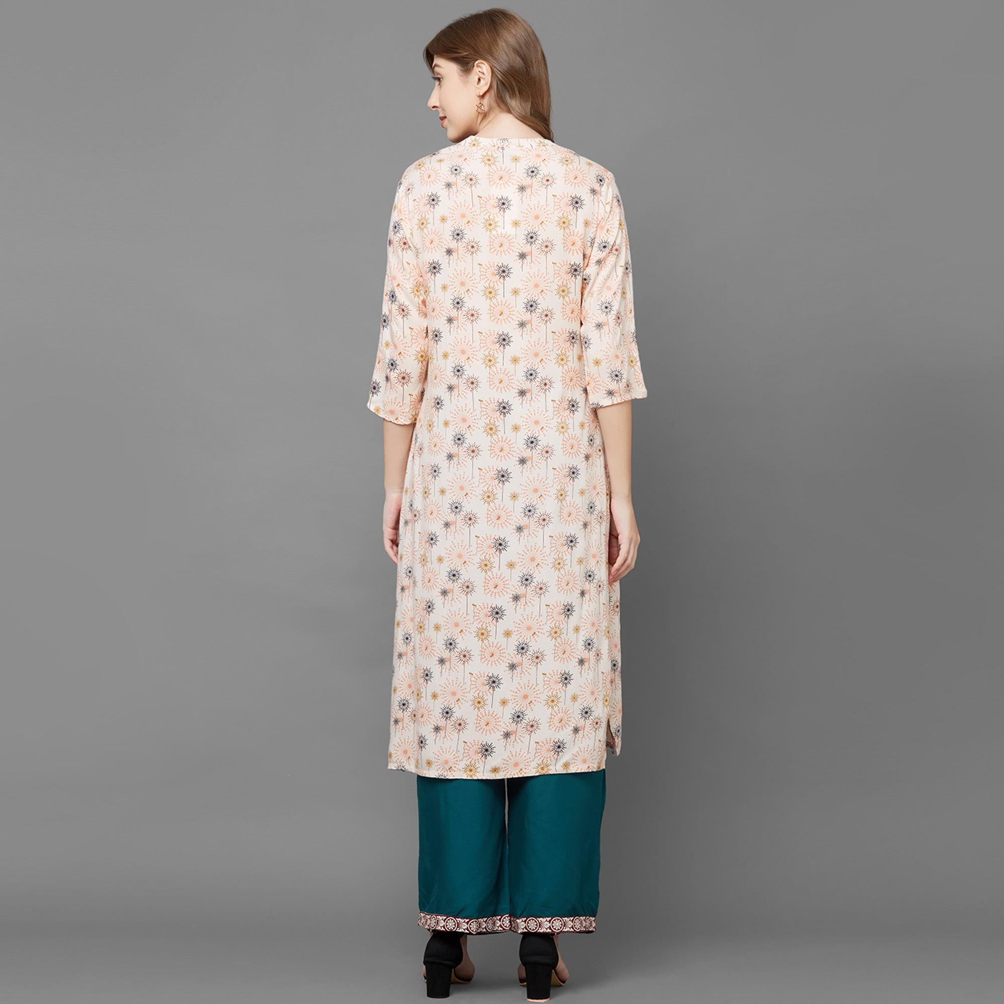 Jazzy Peach Colored Casual Printed Cotton Kurti-Palazzo Set - Peachmode