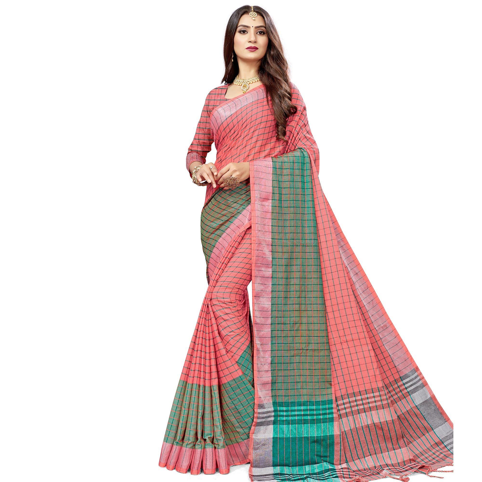 Jazzy Peach Colored Fesive Wear Checks Print Cotton Silk Saree With Tassels - Peachmode