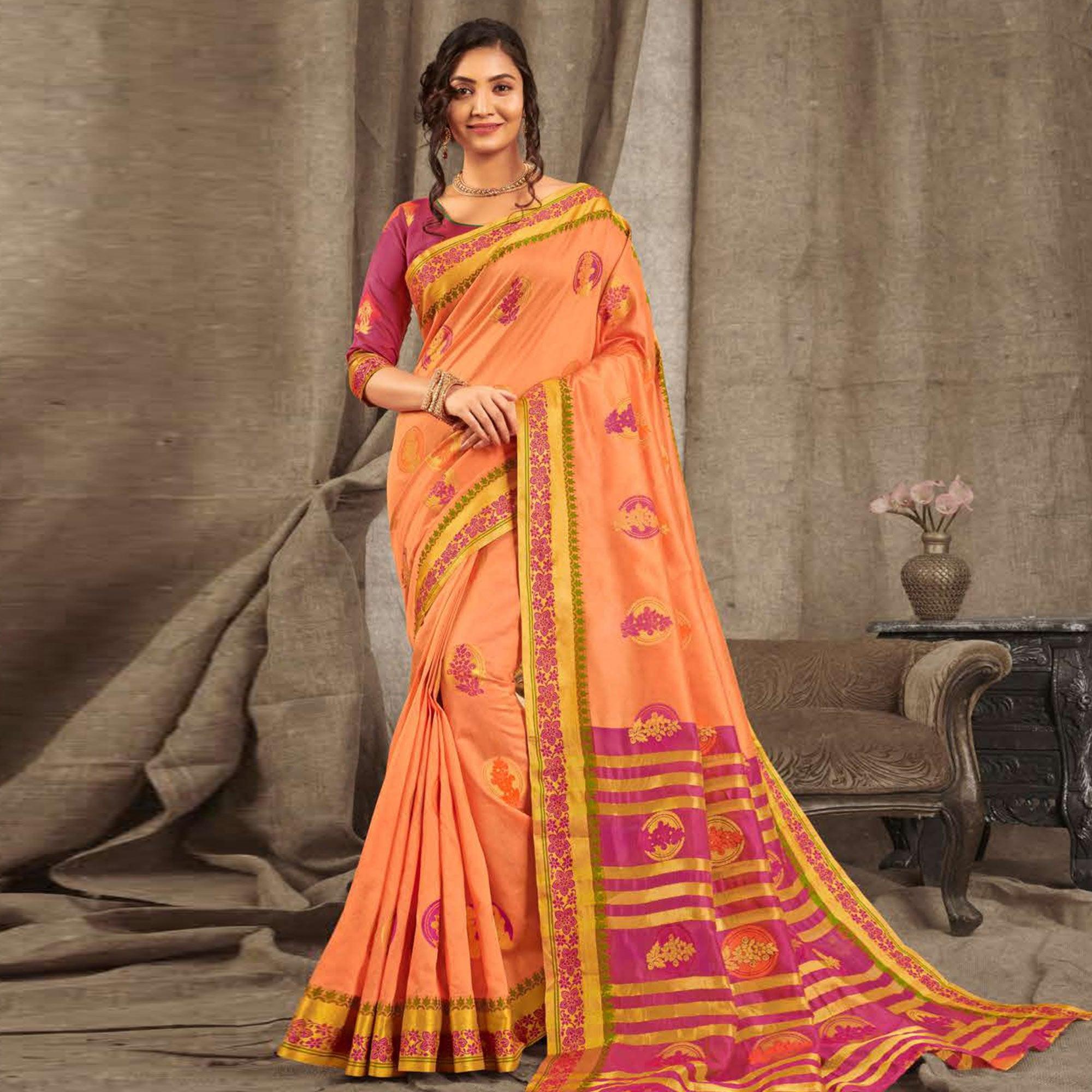 Jazzy Peach Colored Festive Wear Woven Cotton Handloom Saree - Peachmode