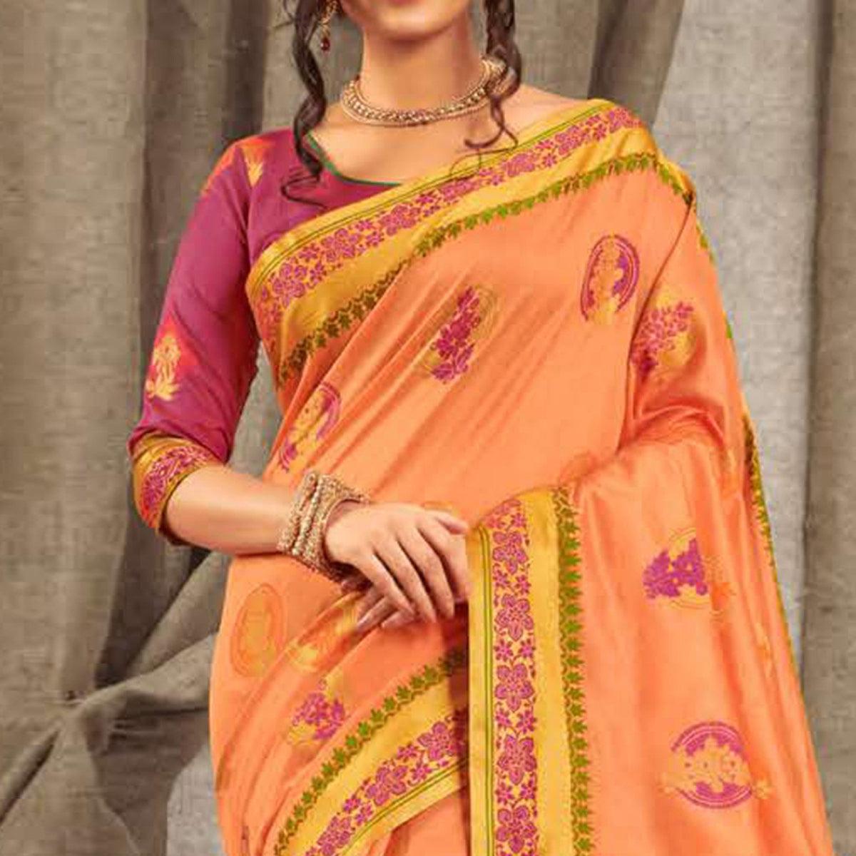 Jazzy Peach Colored Festive Wear Woven Cotton Handloom Saree - Peachmode