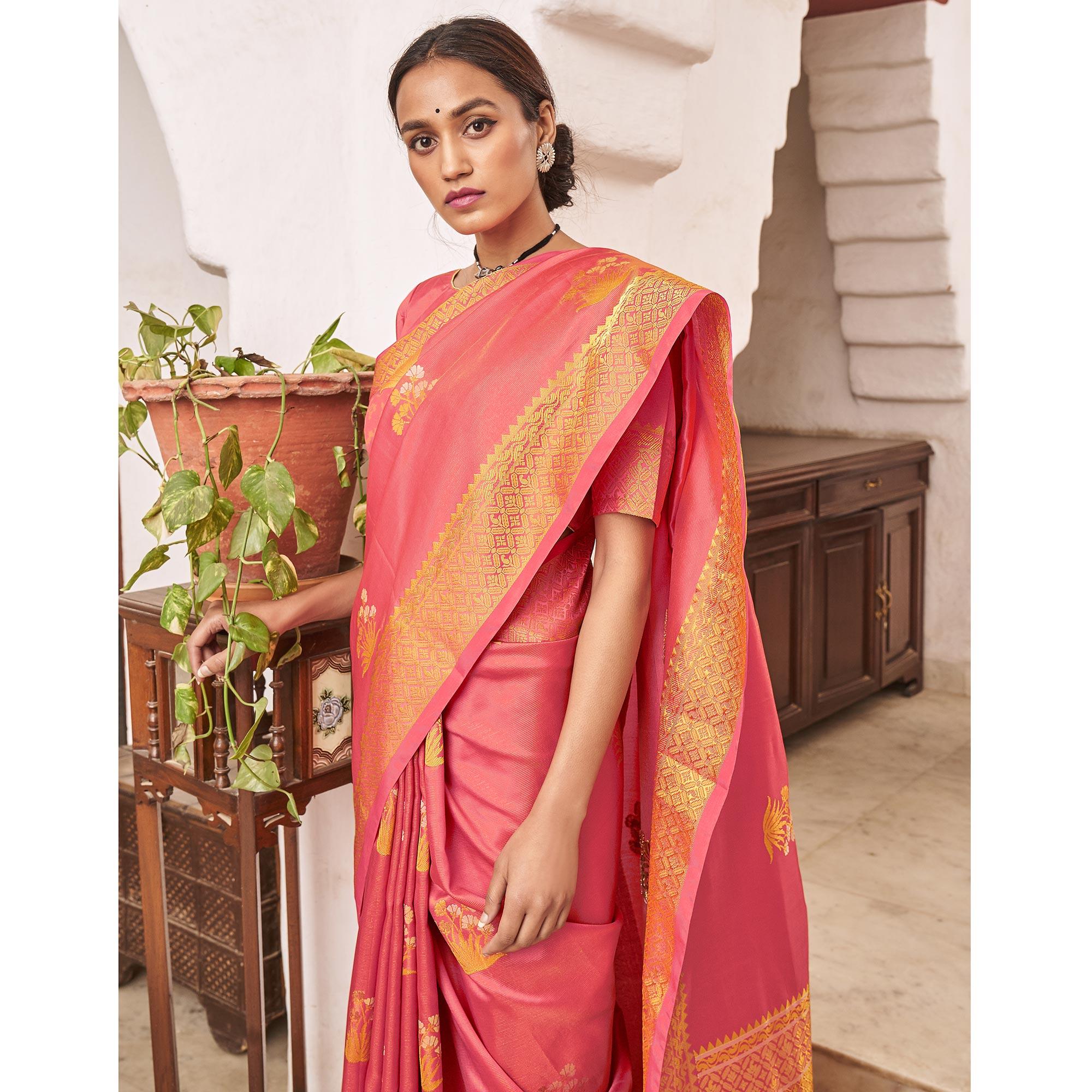 Jazzy Peach Colored Festive Wear Woven Soft Silk Saree - Peachmode