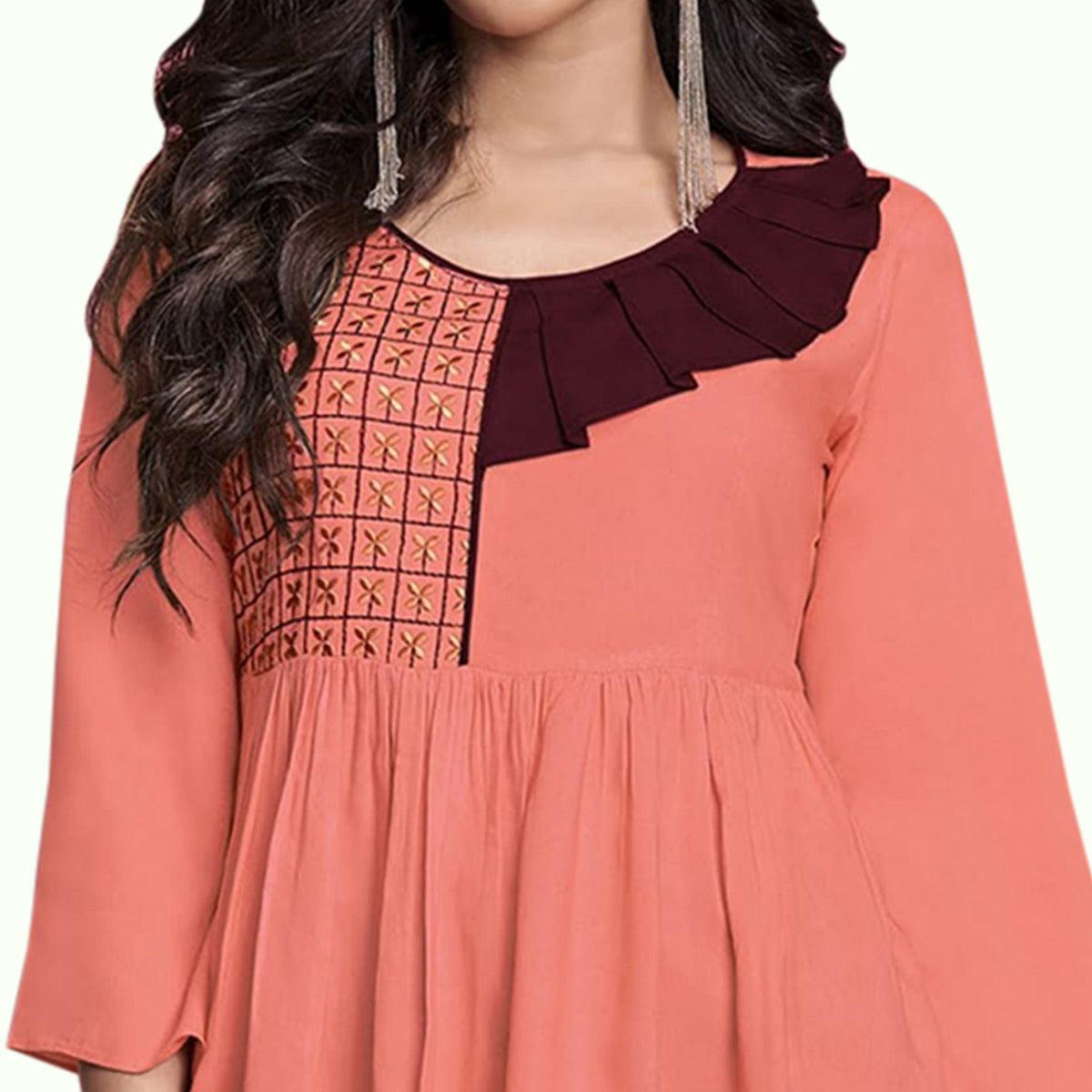 Jazzy Peach Colored Partywear Embroidered Rayon Western Top - Peachmode