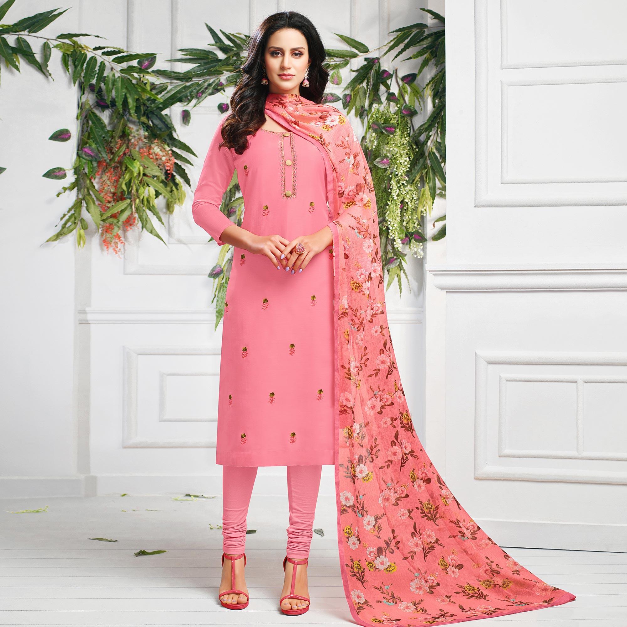 Jazzy Pink Colored Casual Wear Embroidered Chanderi Dress Material - Peachmode