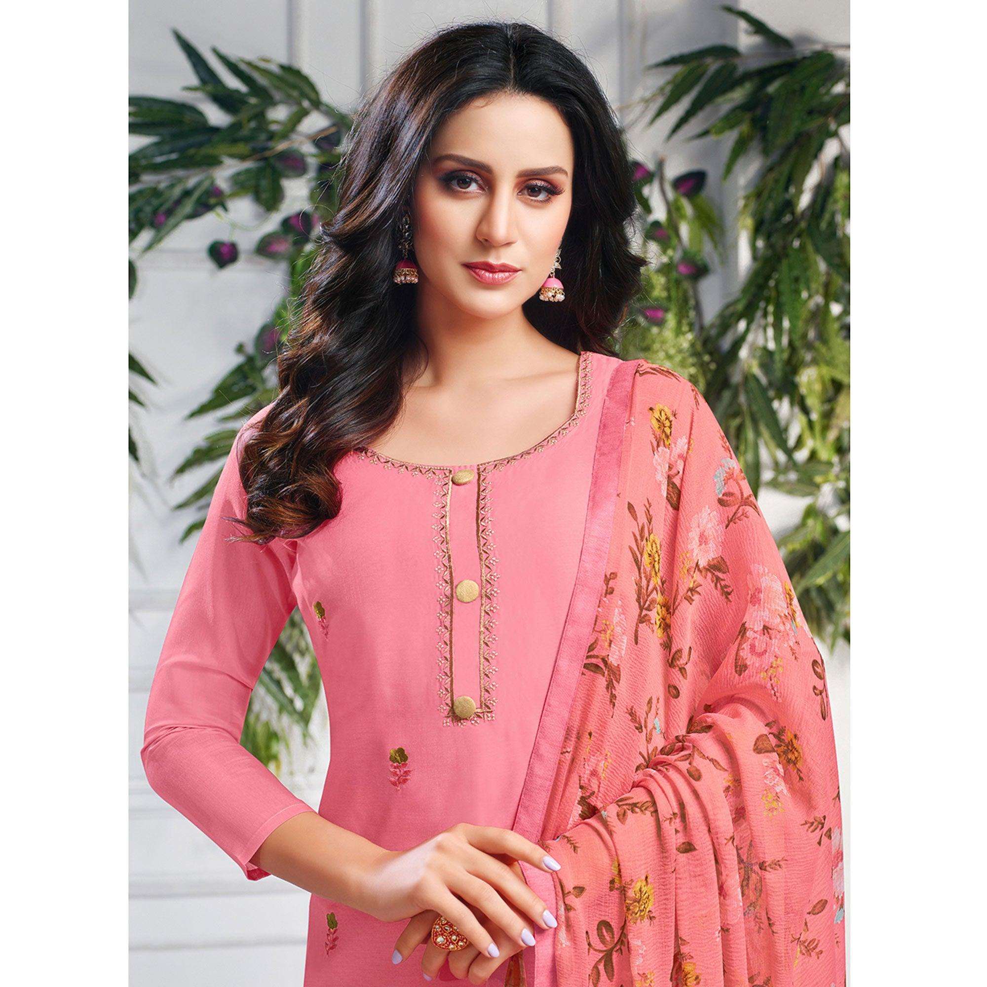 Jazzy Pink Colored Casual Wear Embroidered Chanderi Dress Material - Peachmode