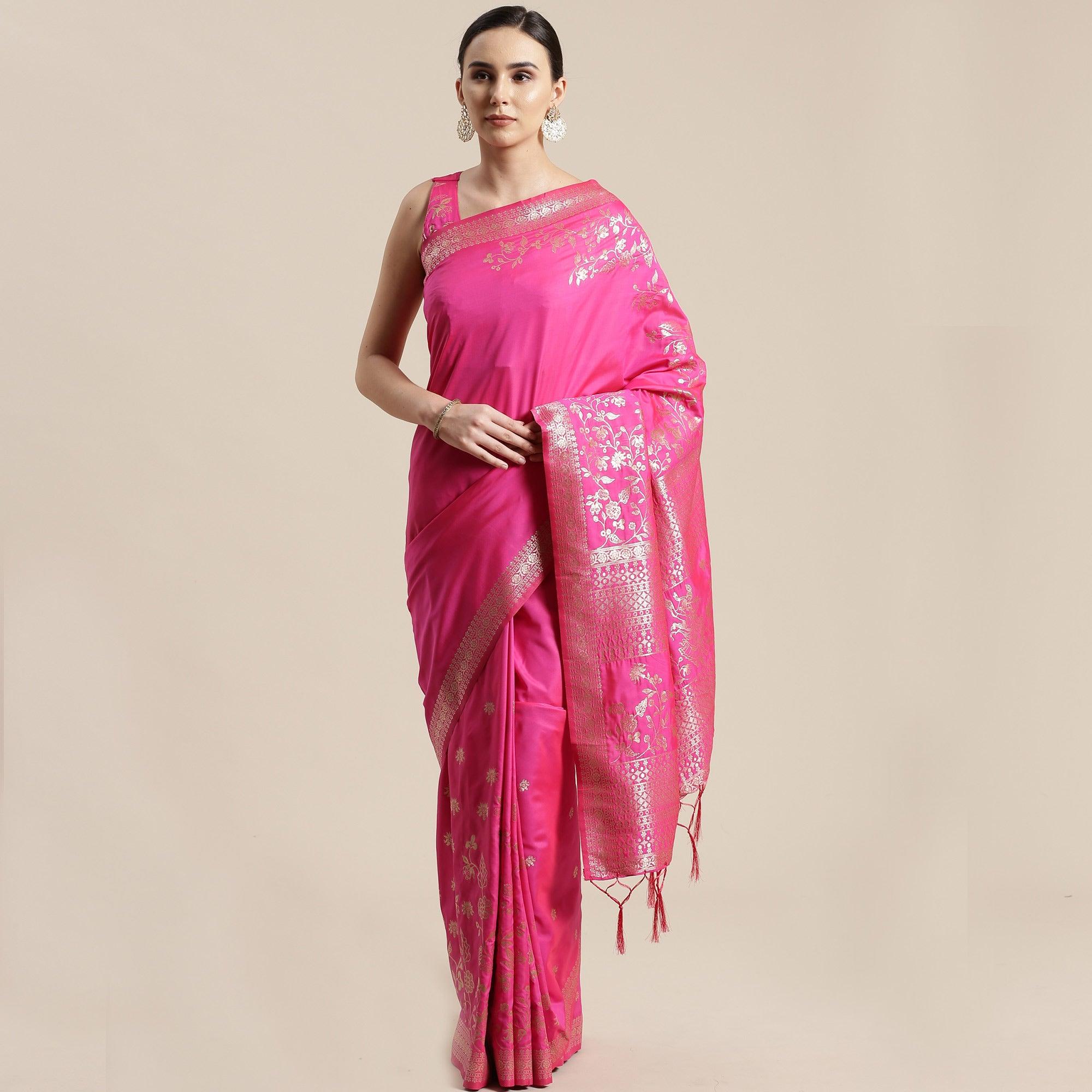 Jazzy Pink Colored Festive Wear Silk Blend Woven Floral Saree With Tassels - Peachmode
