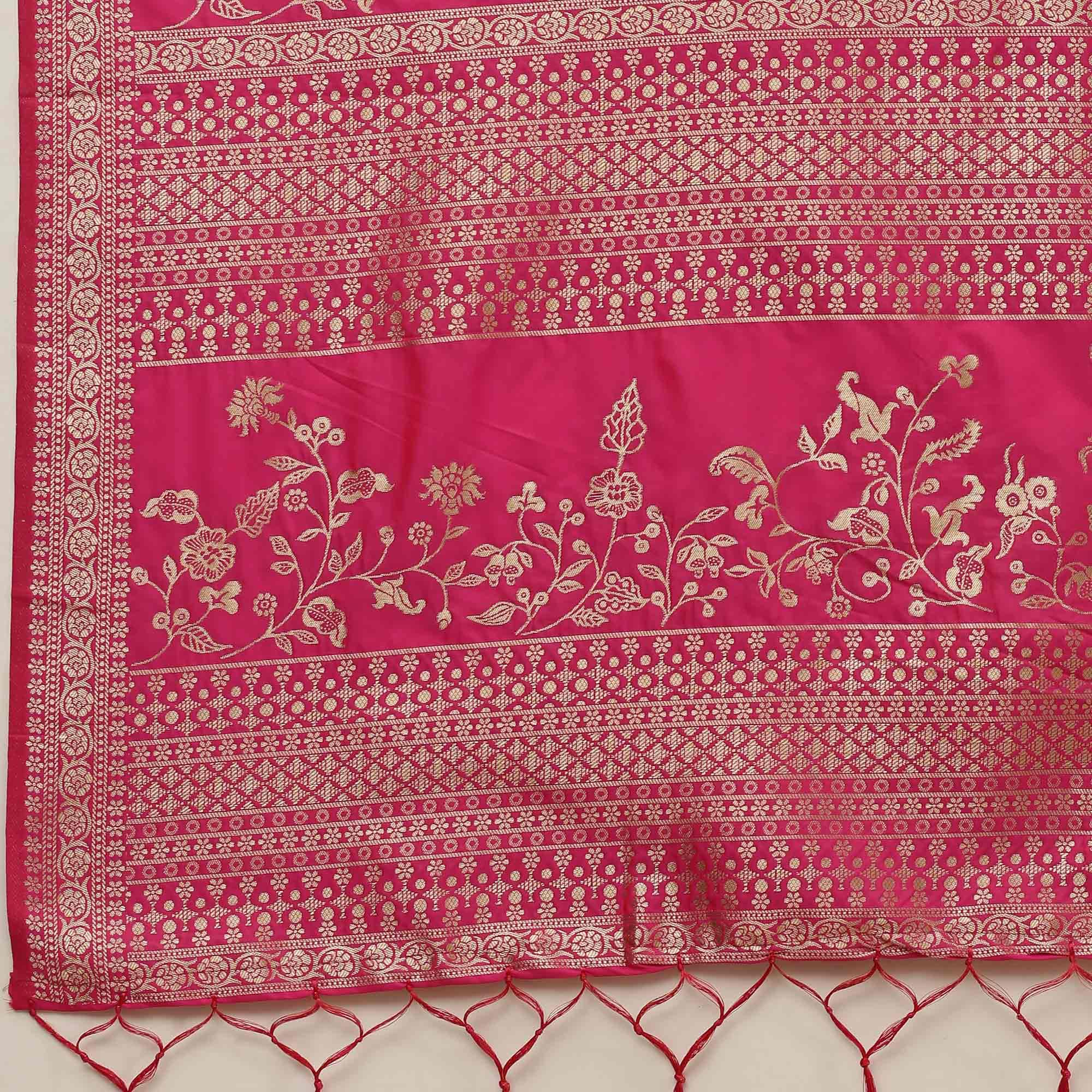 Jazzy Pink Colored Festive Wear Silk Blend Woven Floral Saree With Tassels - Peachmode