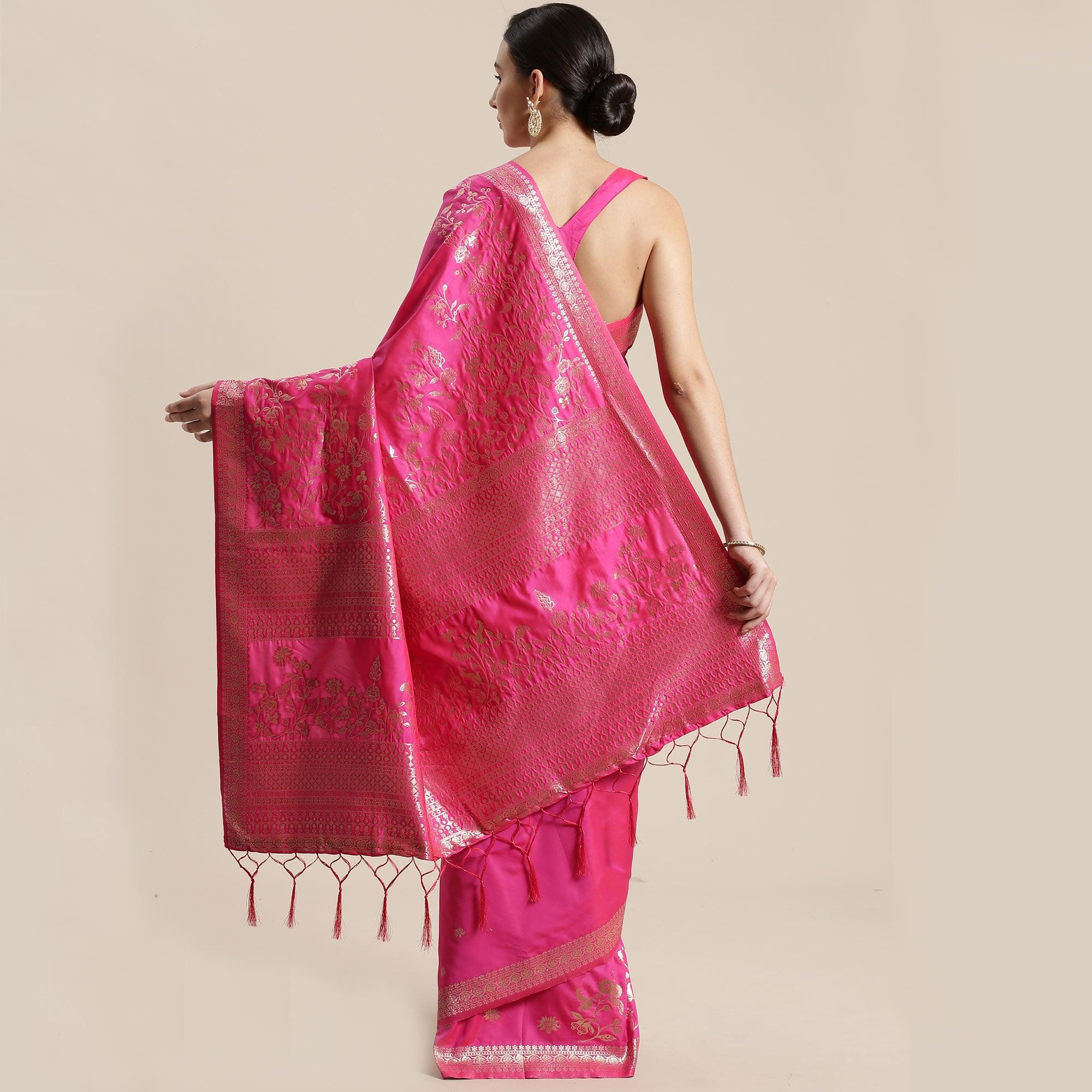 Jazzy Pink Colored Festive Wear Silk Blend Woven Floral Saree With Tassels - Peachmode