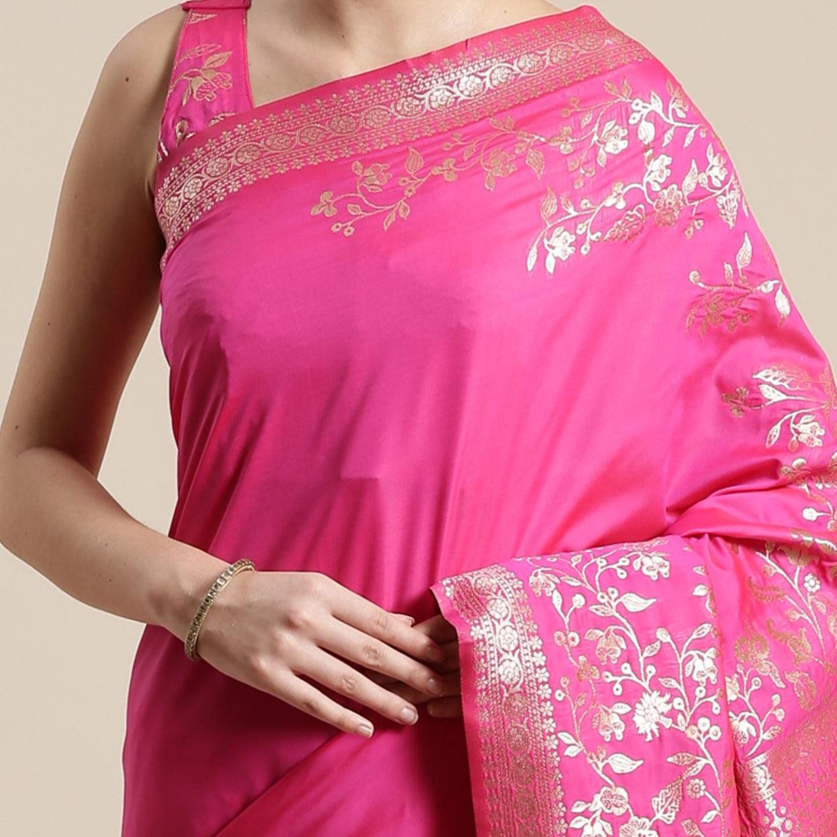 Jazzy Pink Colored Festive Wear Silk Blend Woven Floral Saree With Tassels - Peachmode