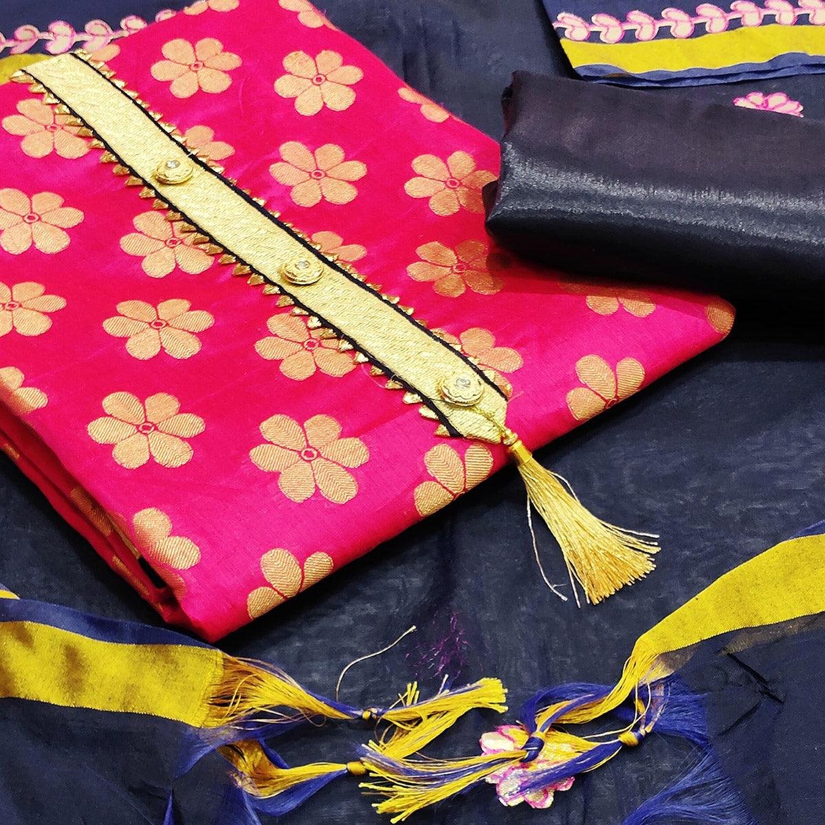 Jazzy Pink Colored Festive Wear Woven Banarasi Silk Dress Material - Peachmode