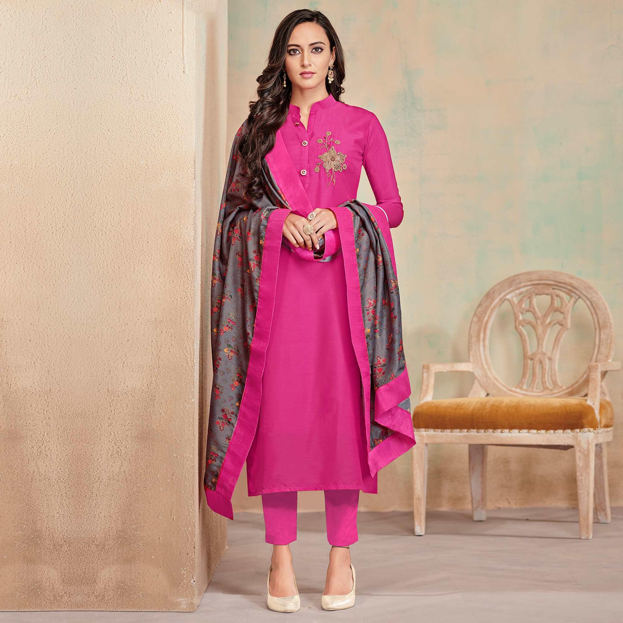 Jazzy Pink Colored Partywear Cotton Suit - Peachmode