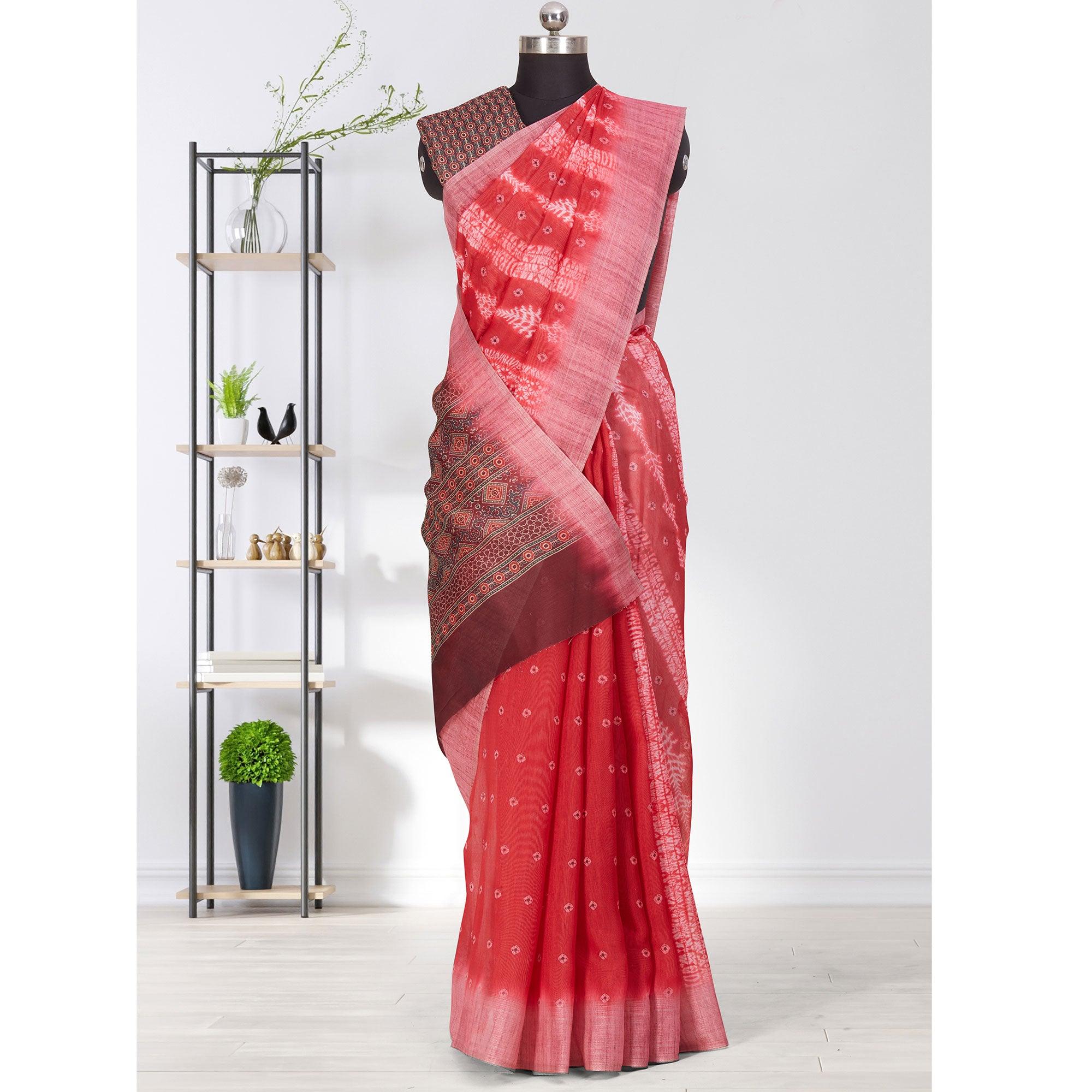 Jazzy Pink Coloured Casual Wear Printed Linen Saree - Peachmode