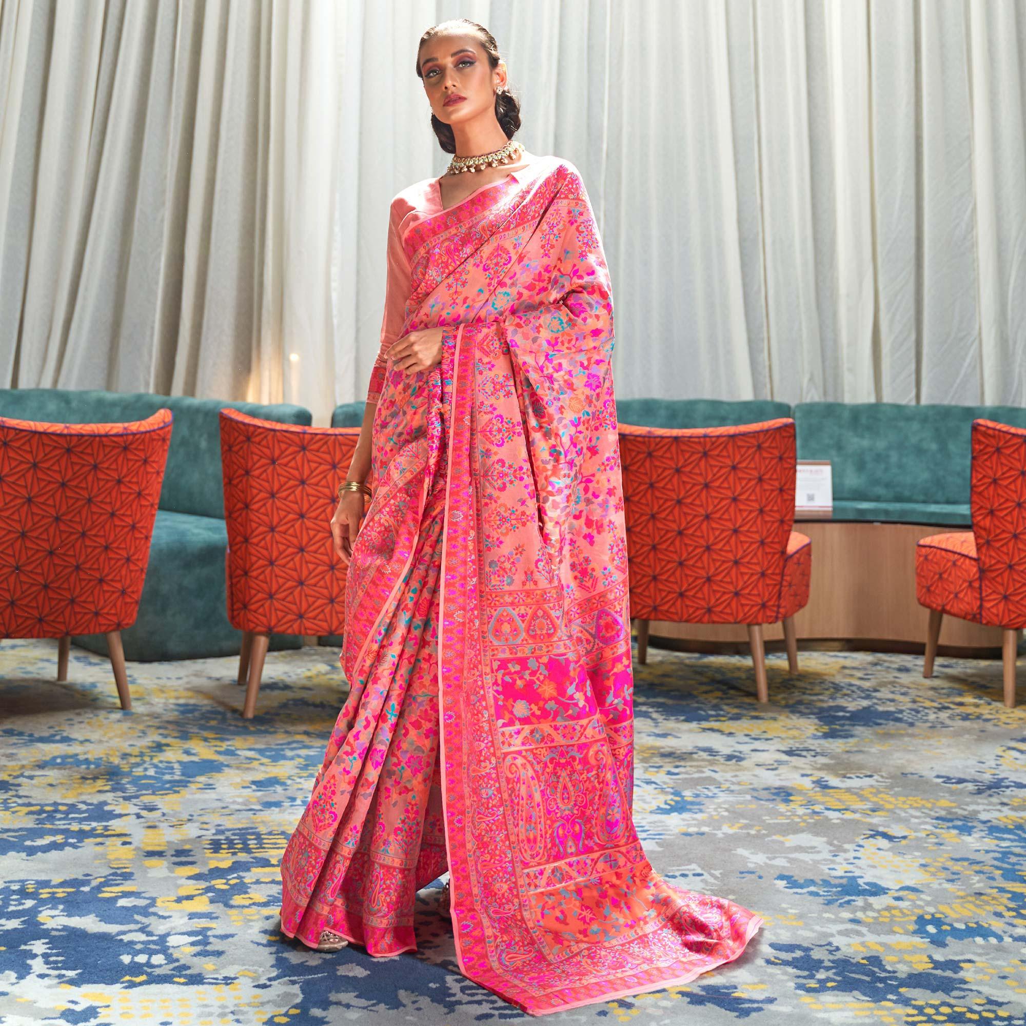 Jazzy Pink Coloured Festive Wear Handloom Woven Silk Saree - Peachmode