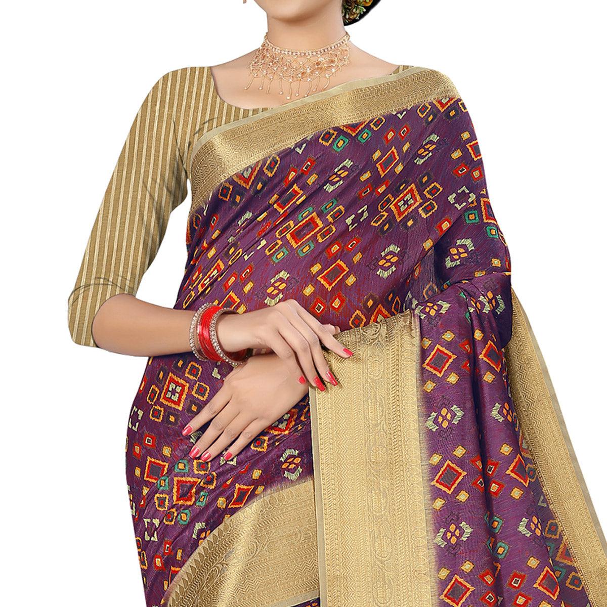 Jazzy Purple Colored Casual Wear Digital Printed Cotton Silk Saree - Peachmode