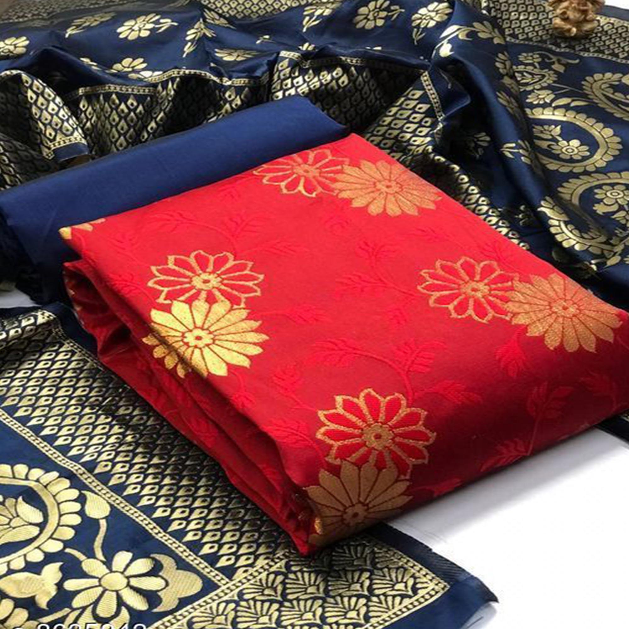 Jazzy Red Colored Casual Wear Woven Banarasi Silk Dress Material - Peachmode
