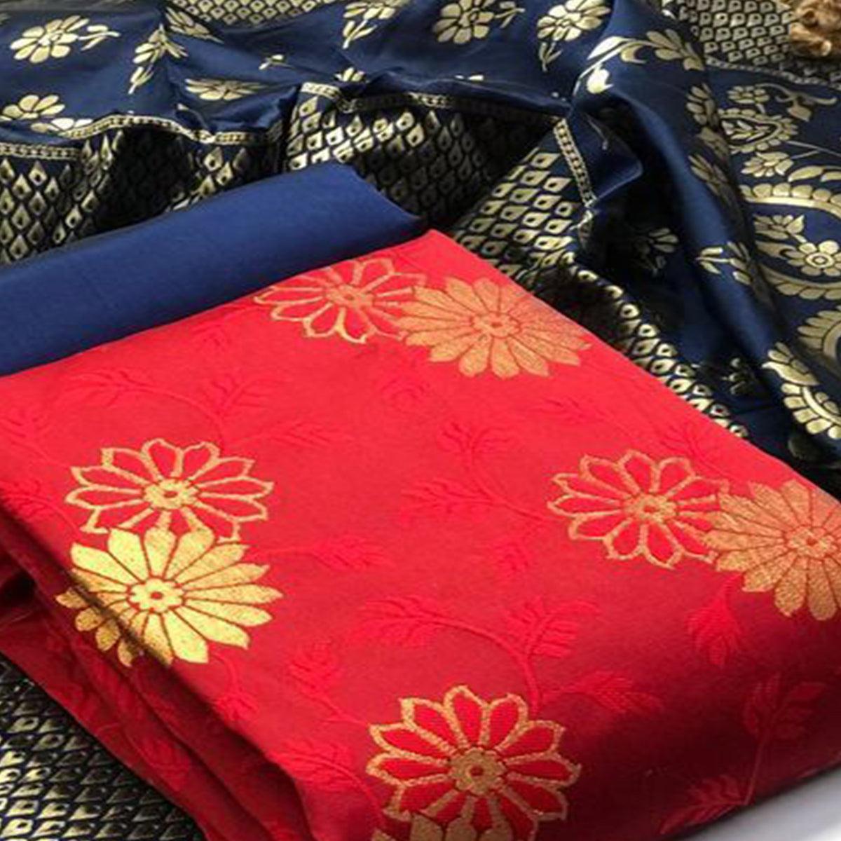 Jazzy Red Colored Casual Wear Woven Banarasi Silk Dress Material - Peachmode