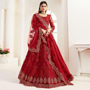 Jazzy Red Colored Cording Thread And Zari Embroidery Wedding Wear Net Lehenga Choli - Peachmode