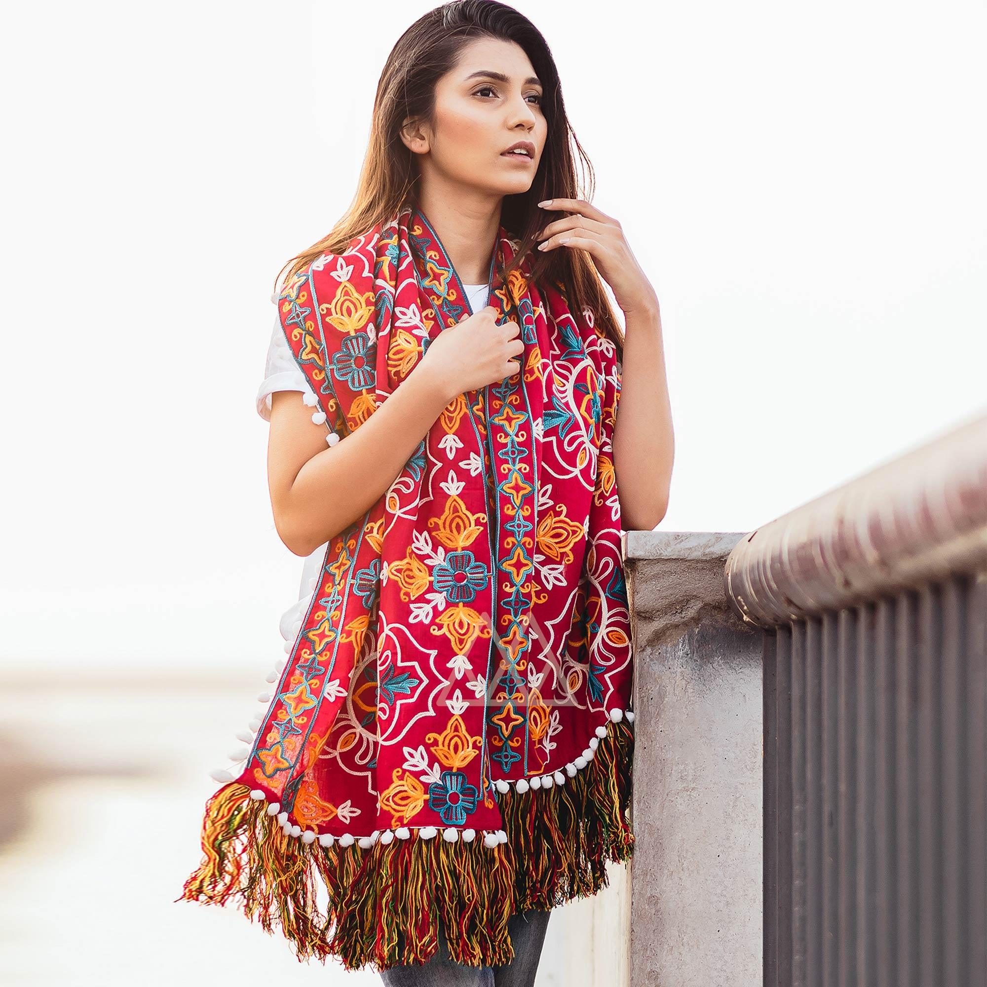 Jazzy Red Colored Embroidered Khadi Muffler Stole - Peachmode