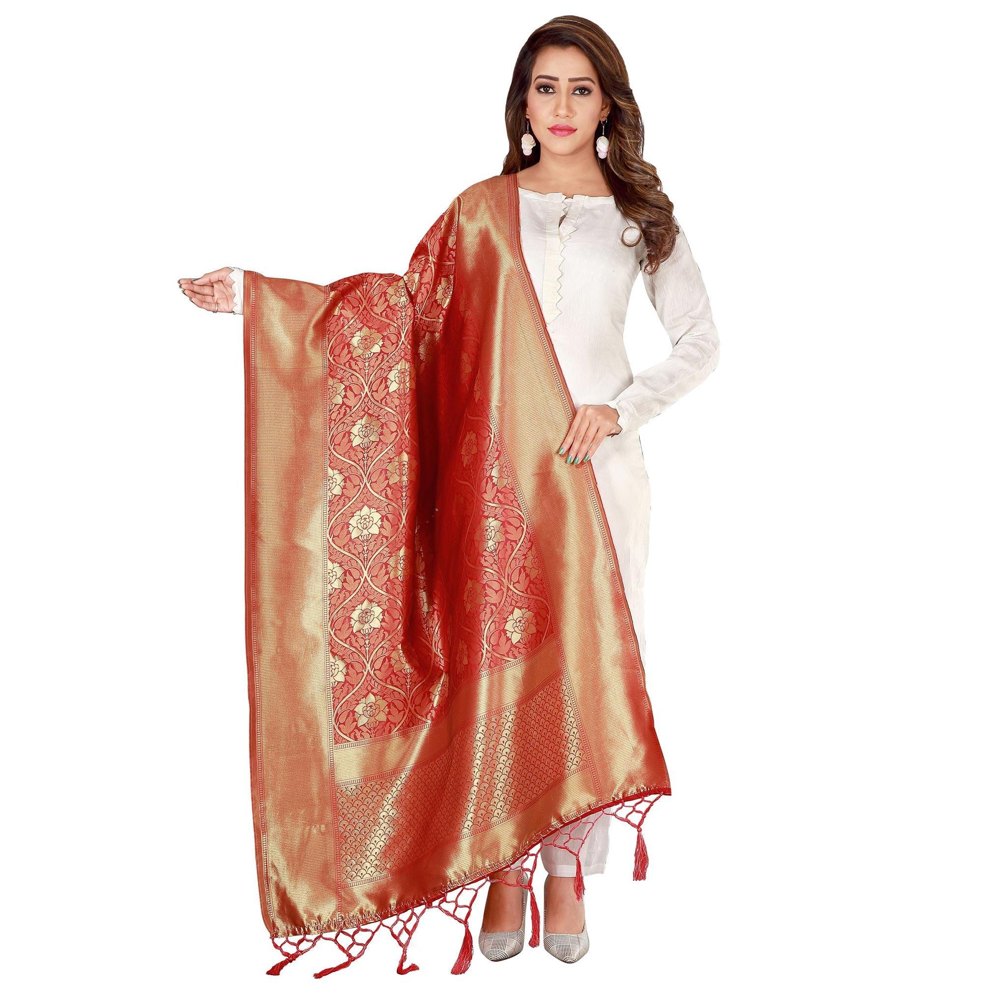 Jazzy Red Colored Festive Wear Banarasi Silk Dupatta - Peachmode