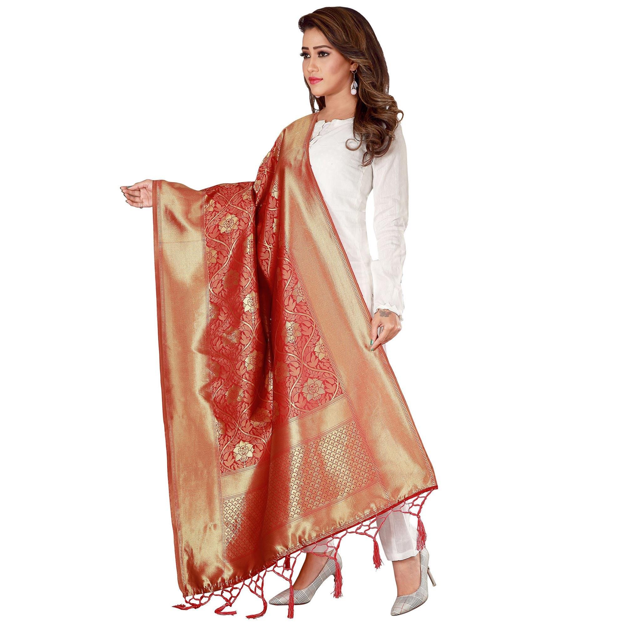 Jazzy Red Colored Festive Wear Banarasi Silk Dupatta - Peachmode