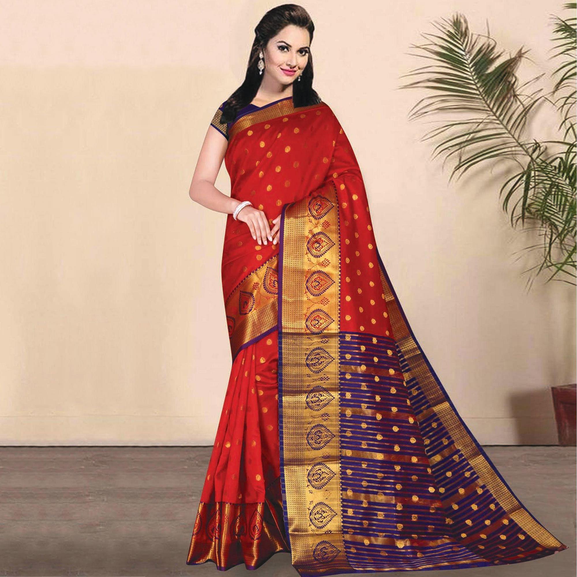 Jazzy Red Coloured Festive Wear Woven Kota Litchi Art Silk Saree - Peachmode