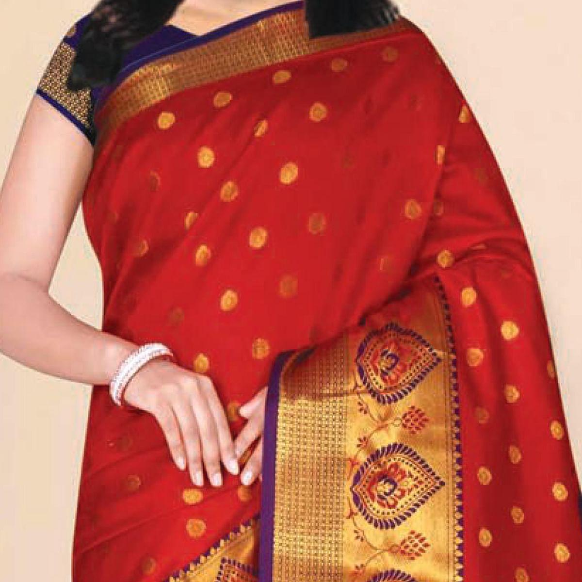 Jazzy Red Coloured Festive Wear Woven Kota Litchi Art Silk Saree - Peachmode