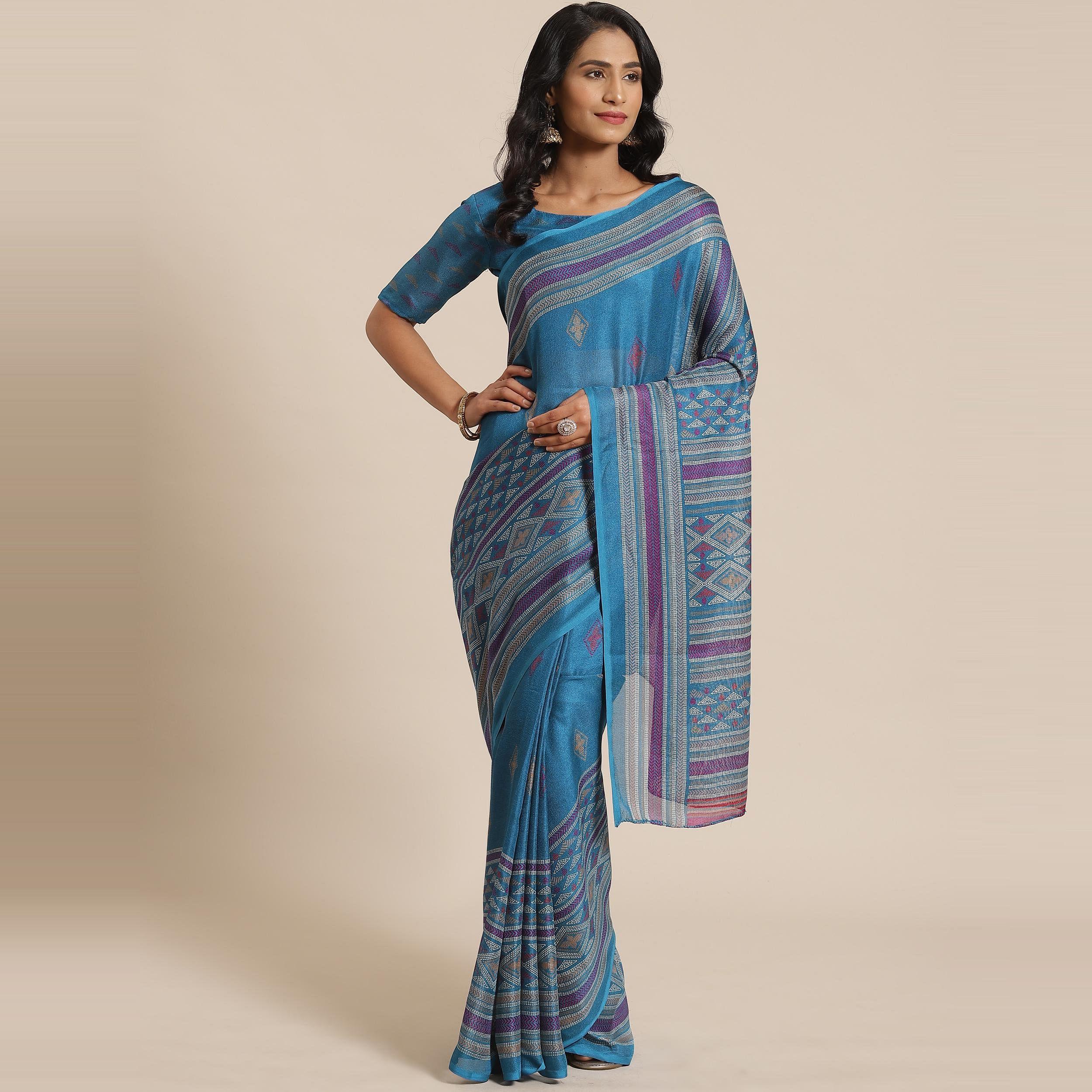 Jazzy Teal Blue Colored Casual Wear Printed Jute Silk Saree - Peachmode