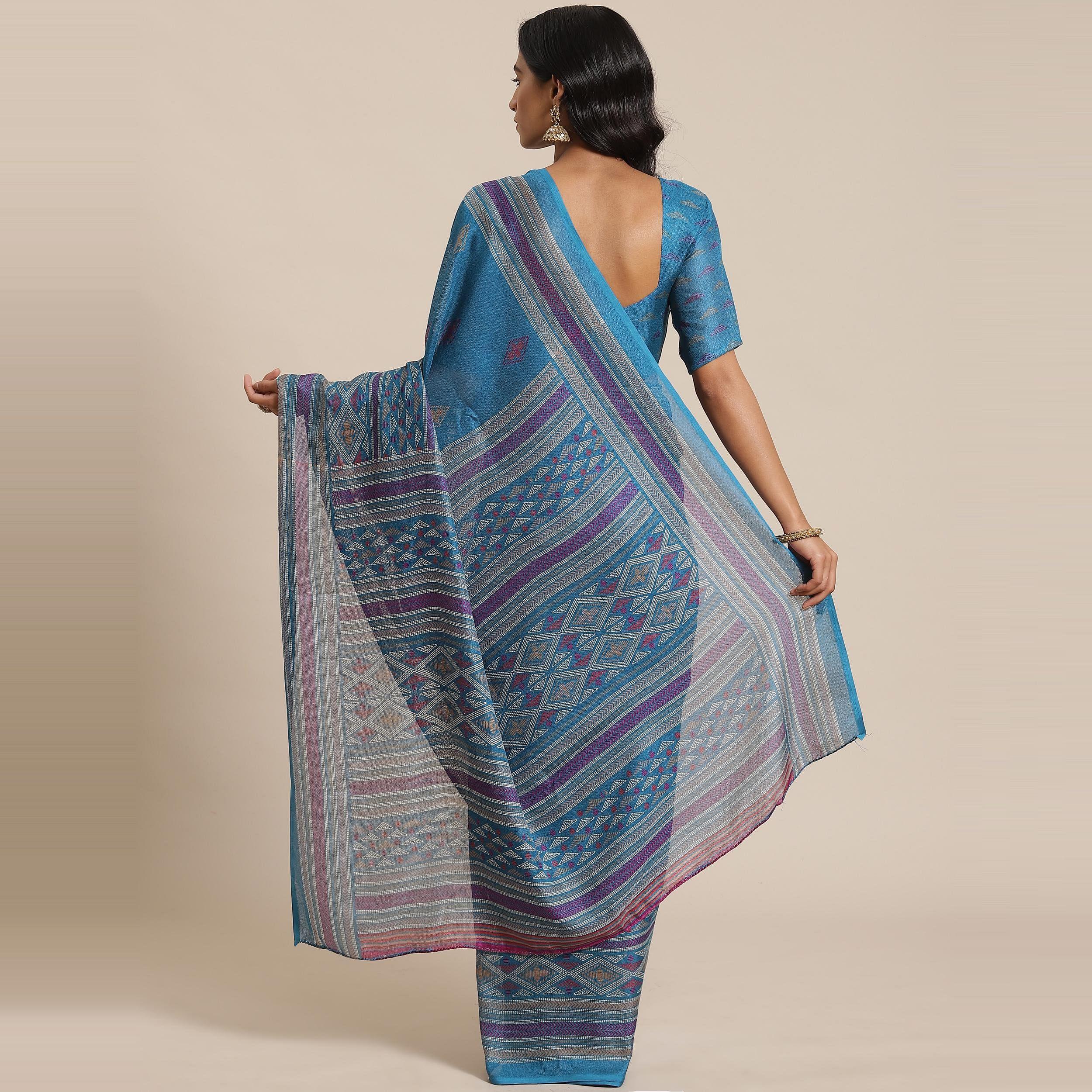 Jazzy Teal Blue Colored Casual Wear Printed Jute Silk Saree - Peachmode