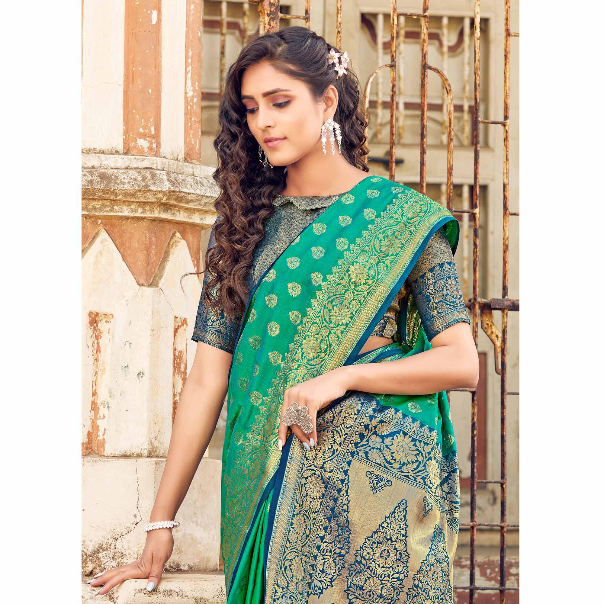 Jazzy Turqouise Coloured Designer Partywear Weaving Silk Saree - Peachmode