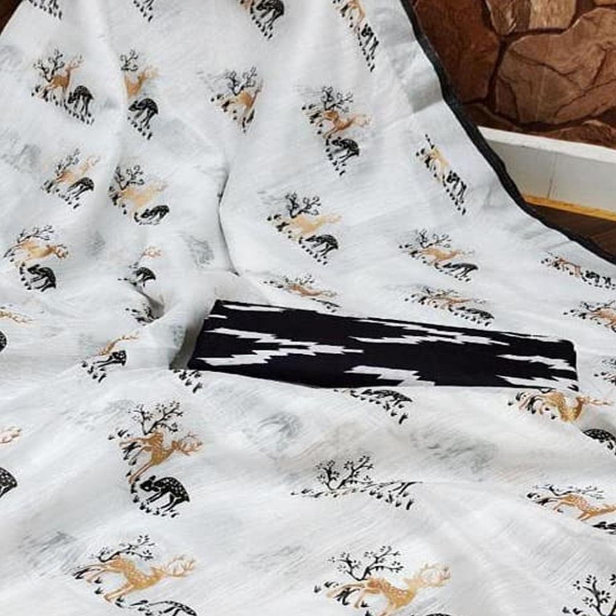Jazzy White - Black Colored Casual Wear Digital Printed Linen Saree - Peachmode