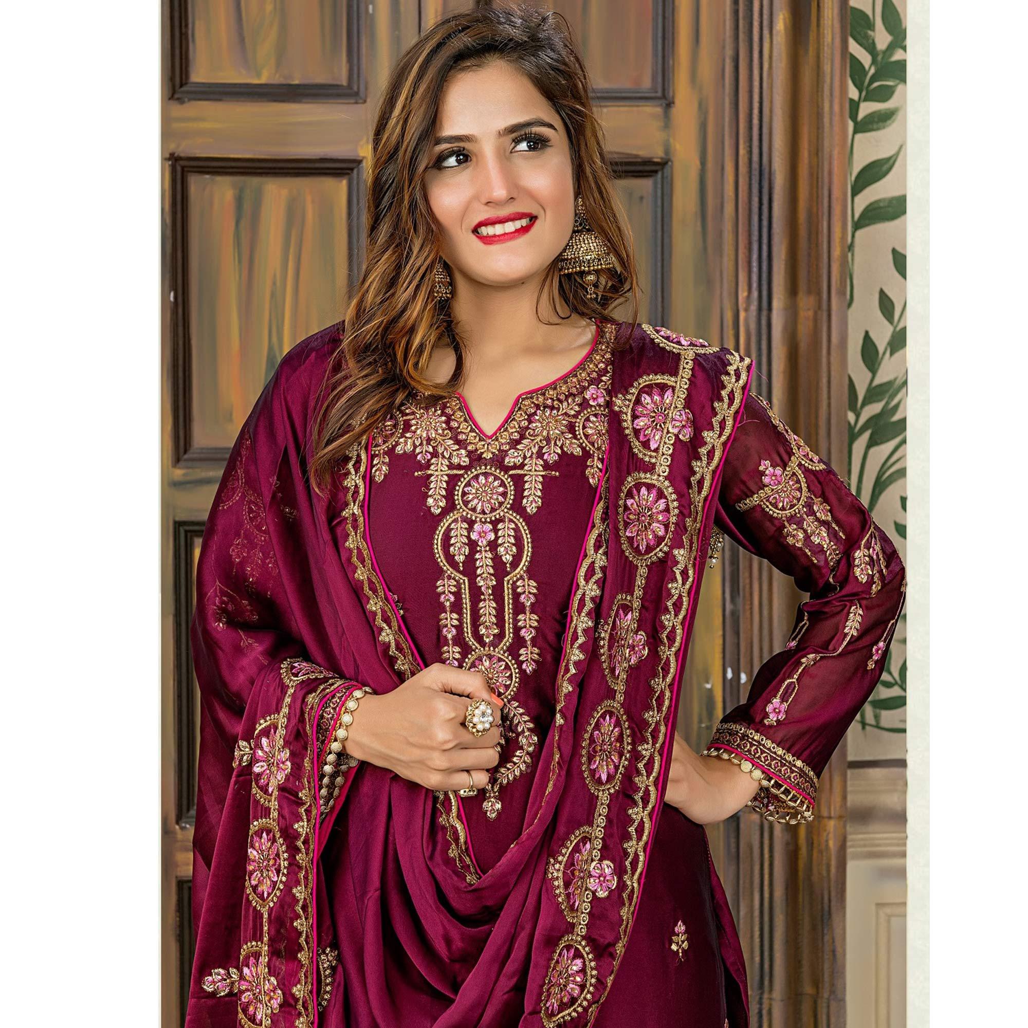 Jazzy Wine Colored Party Wear Embroidered Georgette palazzo Suit - Peachmode