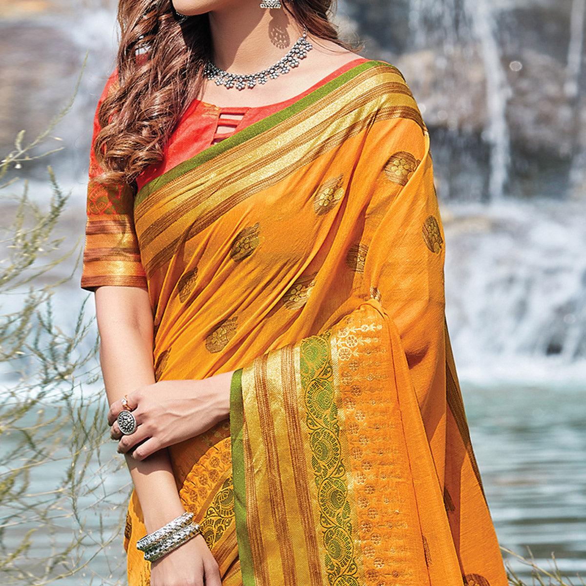 Jazzy Yellow Colored Festive Wear Woven Cotton Saree - Peachmode