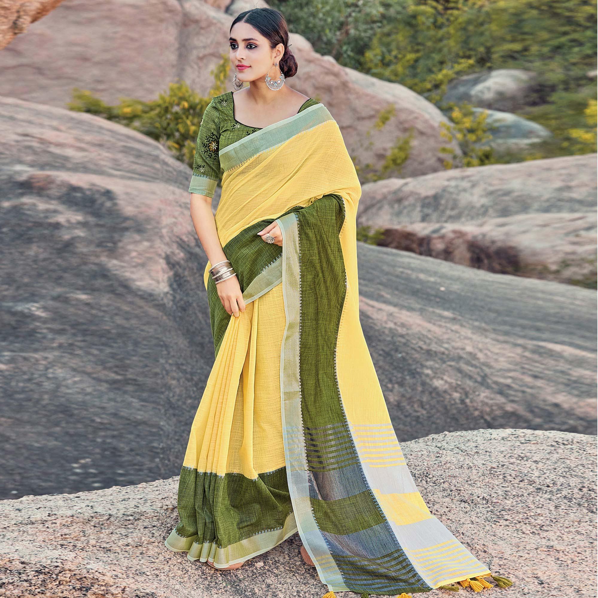 Jazzy Yellow Colored Festive Wear Woven Linen Saree - Peachmode