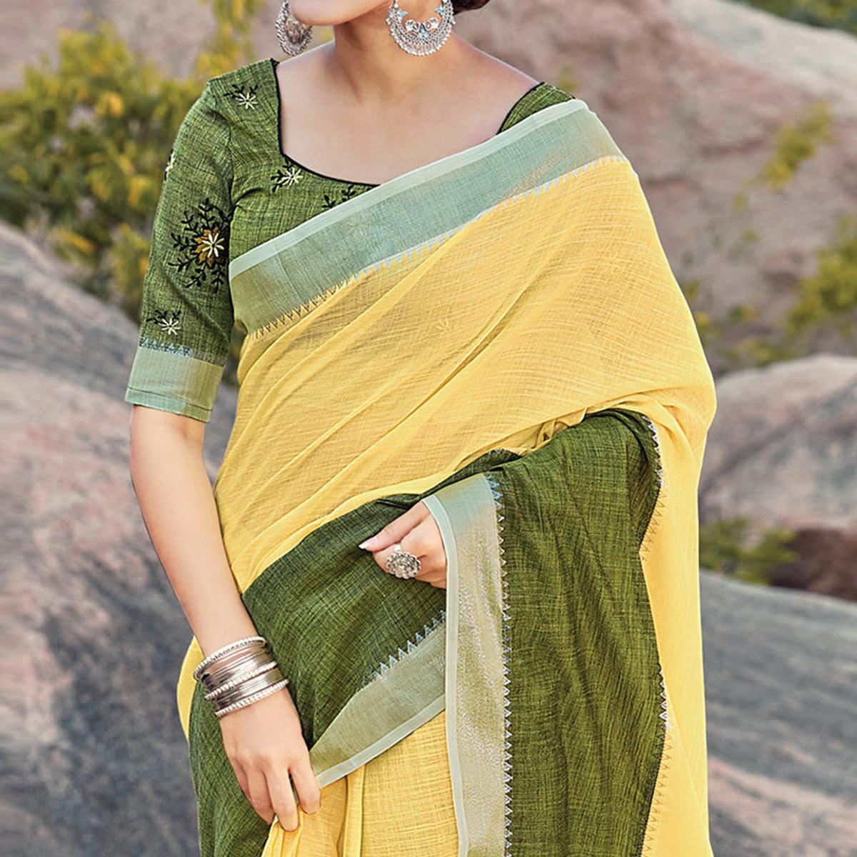 Jazzy Yellow Colored Festive Wear Woven Linen Saree - Peachmode