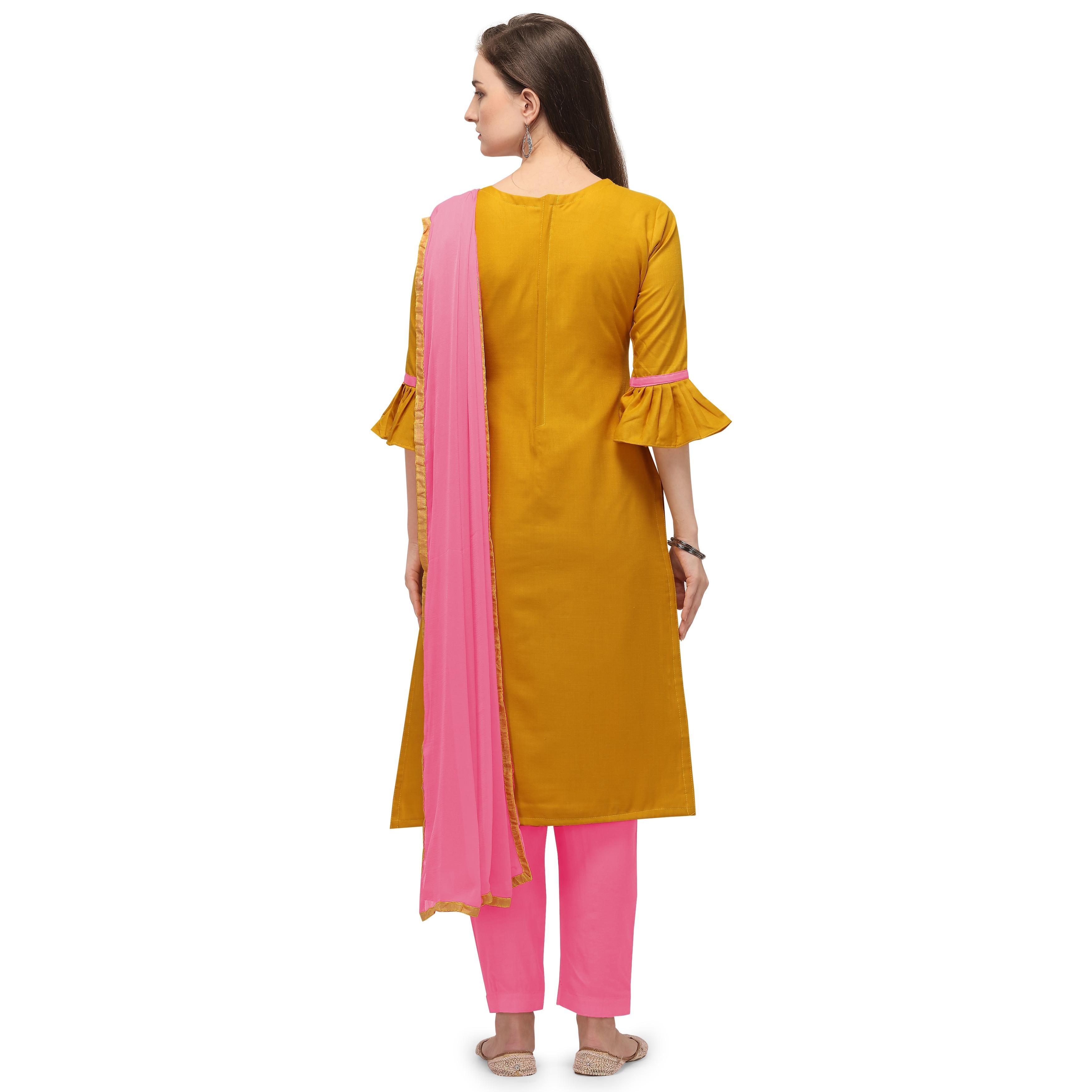 Jazzy Yellow Coloured Embroidered Casual Wear Cotton Dress Material - Peachmode