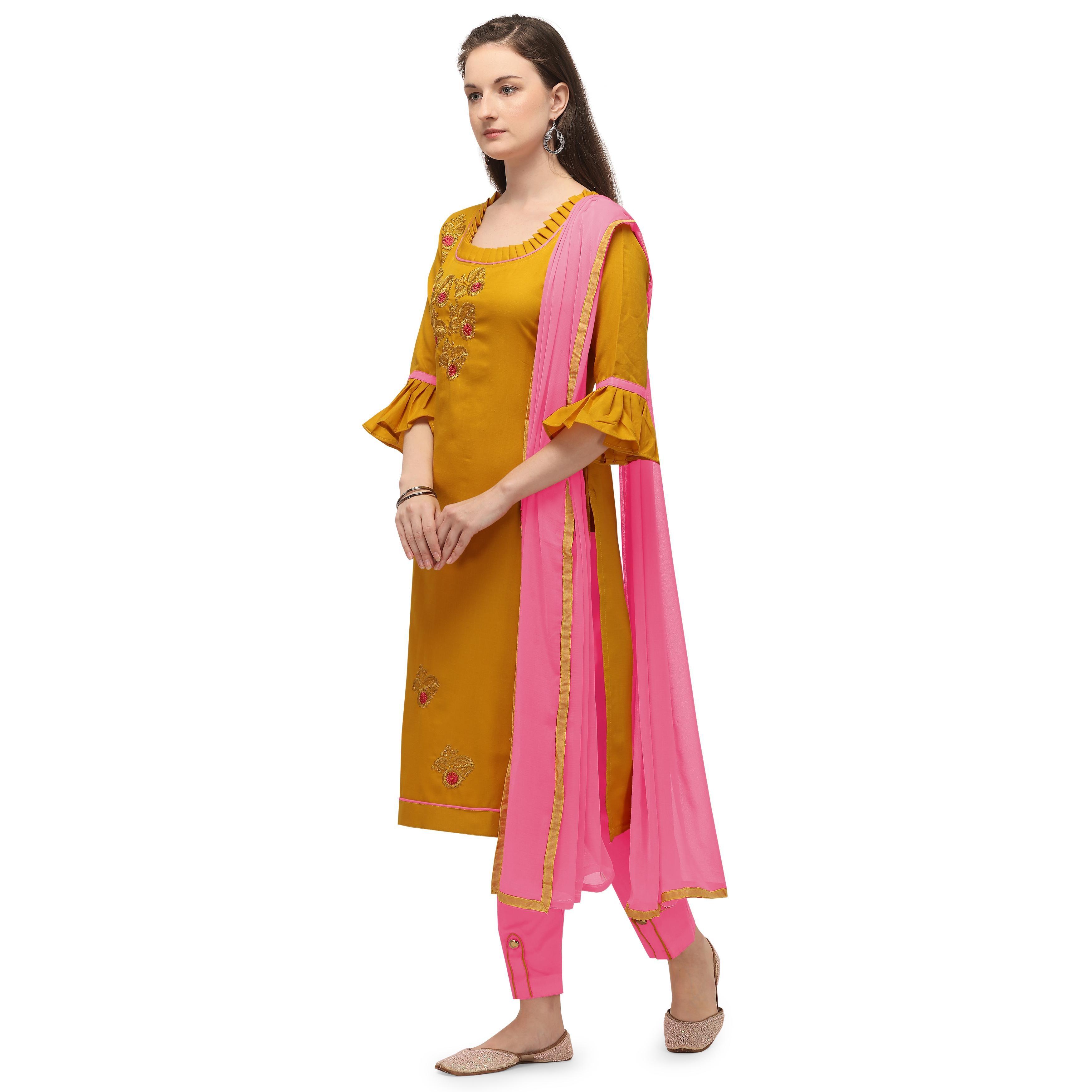 Jazzy Yellow Coloured Embroidered Casual Wear Cotton Dress Material - Peachmode