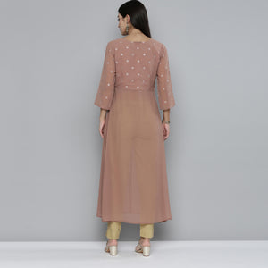 Kvsfab - Tortilla (Brown ) Festive Wear Sequins & Embroidered work Georgette Kurti - Peachmode