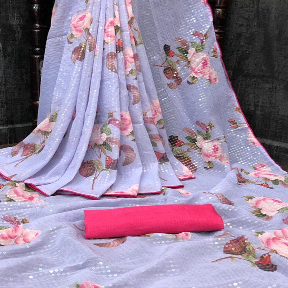 Lavendar Casual Wear Printed & Sequence Work Heavy Georgette Saree - Peachmode