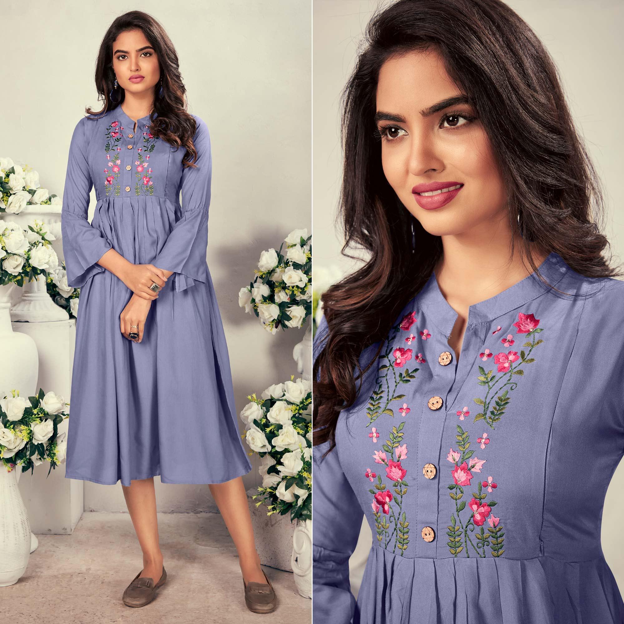 Lavender Casual Wear Embroidered Rayon Maternity Kurti - Peachmode