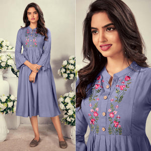 Lavender Casual Wear Embroidered Rayon Maternity Kurti - Peachmode