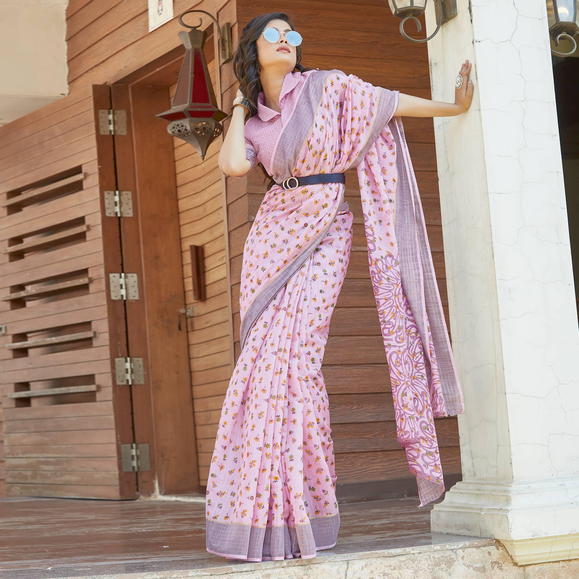 Lavender Casual Wear Pedding Printed Linen Satin Saree - Peachmode